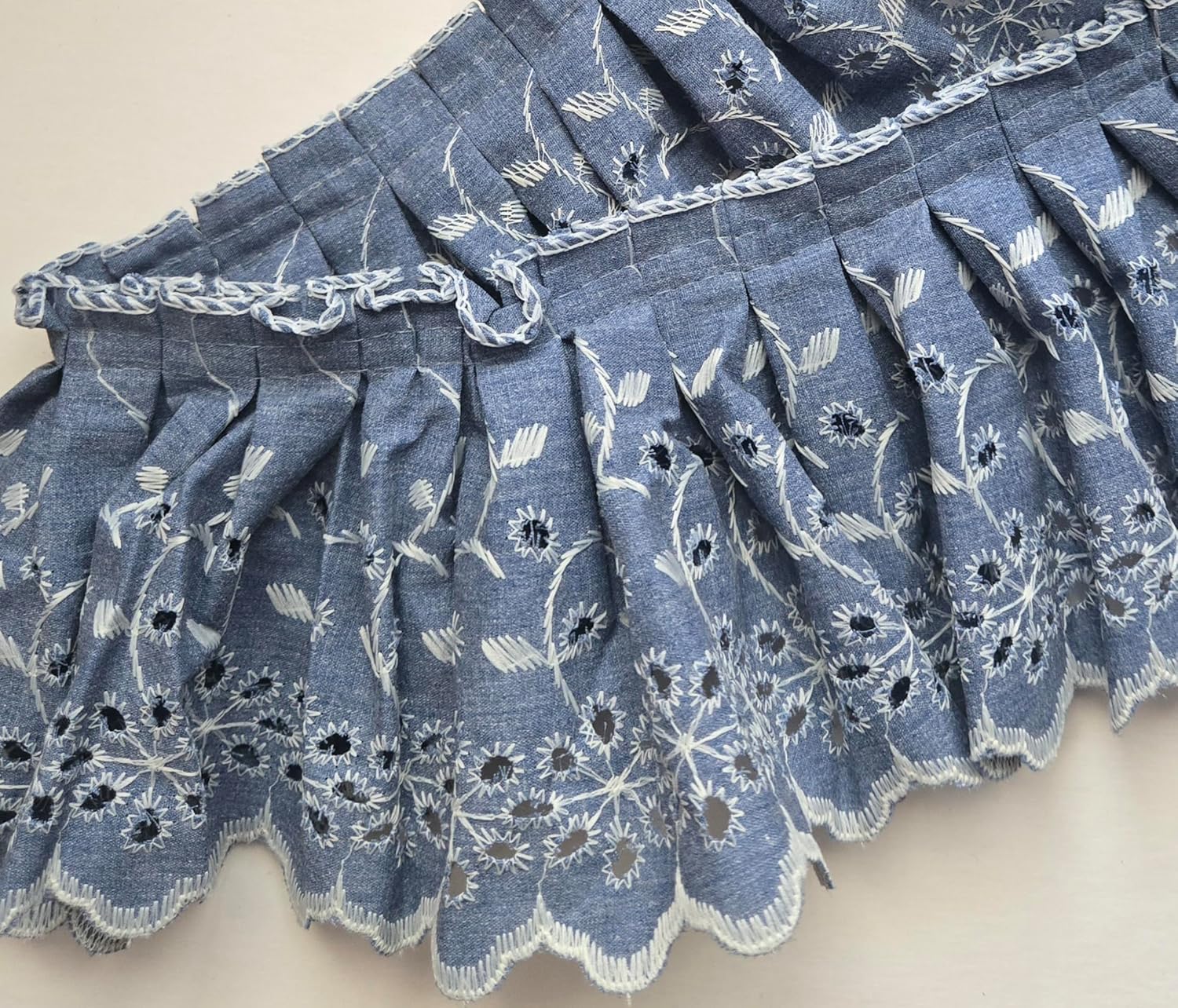 Generic 4” Vintage Pleated Chambray Denim Eyelet, Embroidery Lace Trim, Continuous 7 1/2 Yards