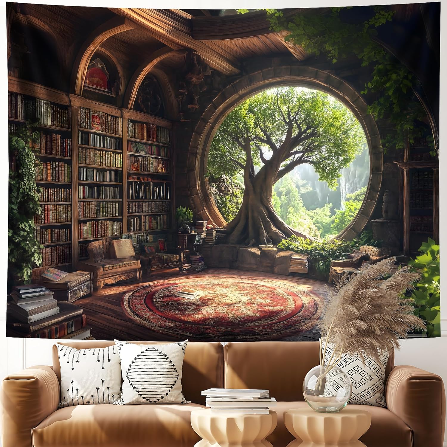 NYZE Library Tapestry Wall Haning, Magic School Bookshelf Tapestry Study Room Picture Large Book Tree House Medieval Tapestries Dorm Wall Art for Home Decor 90x70in