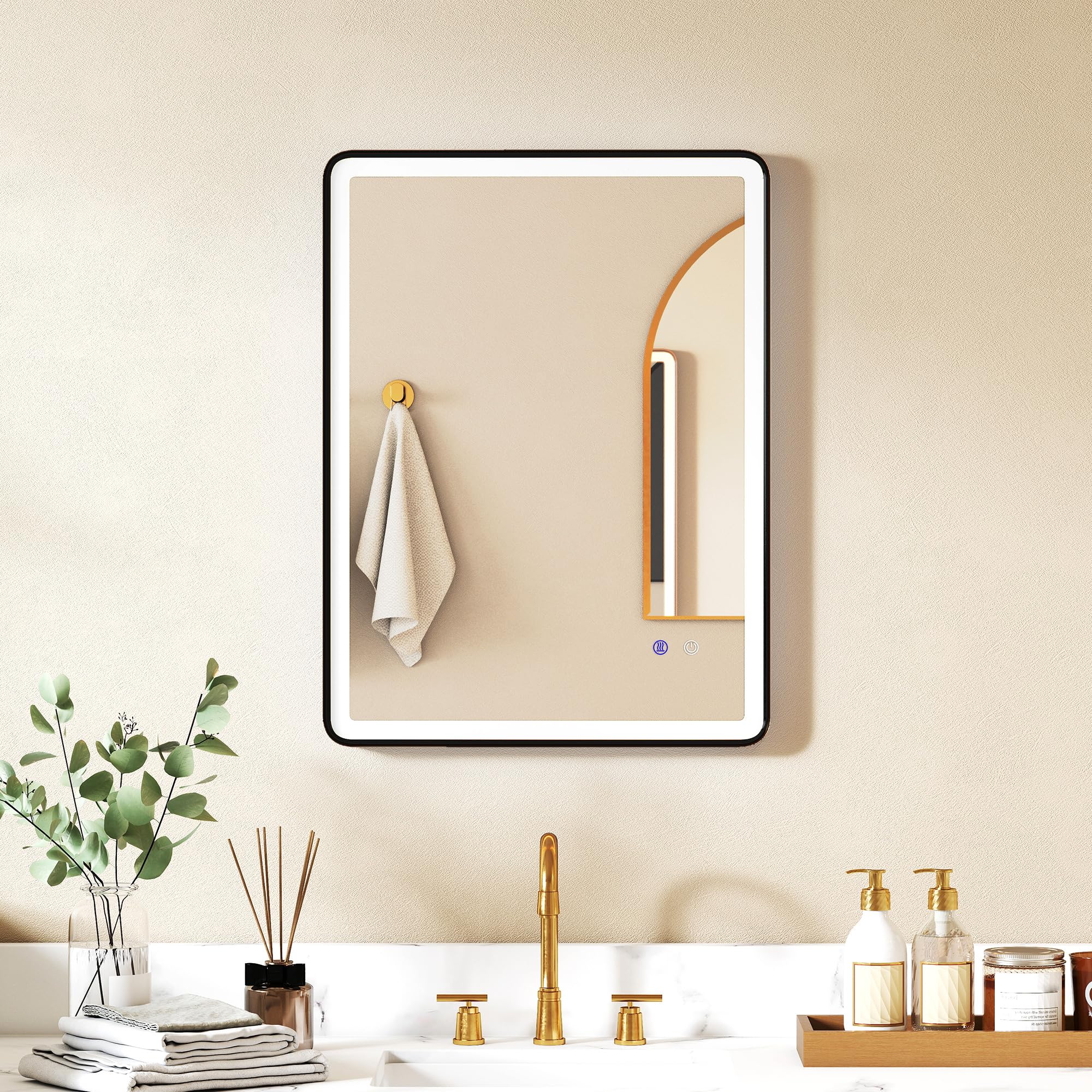 HOMCOM Espejo de baño LED con iluminación, 80 x 60 cm, 3 temperaturas de color, espejo LED antivaho, función de memoria, horizontal o vertical, espejo de maquillaje regulable con marco negro