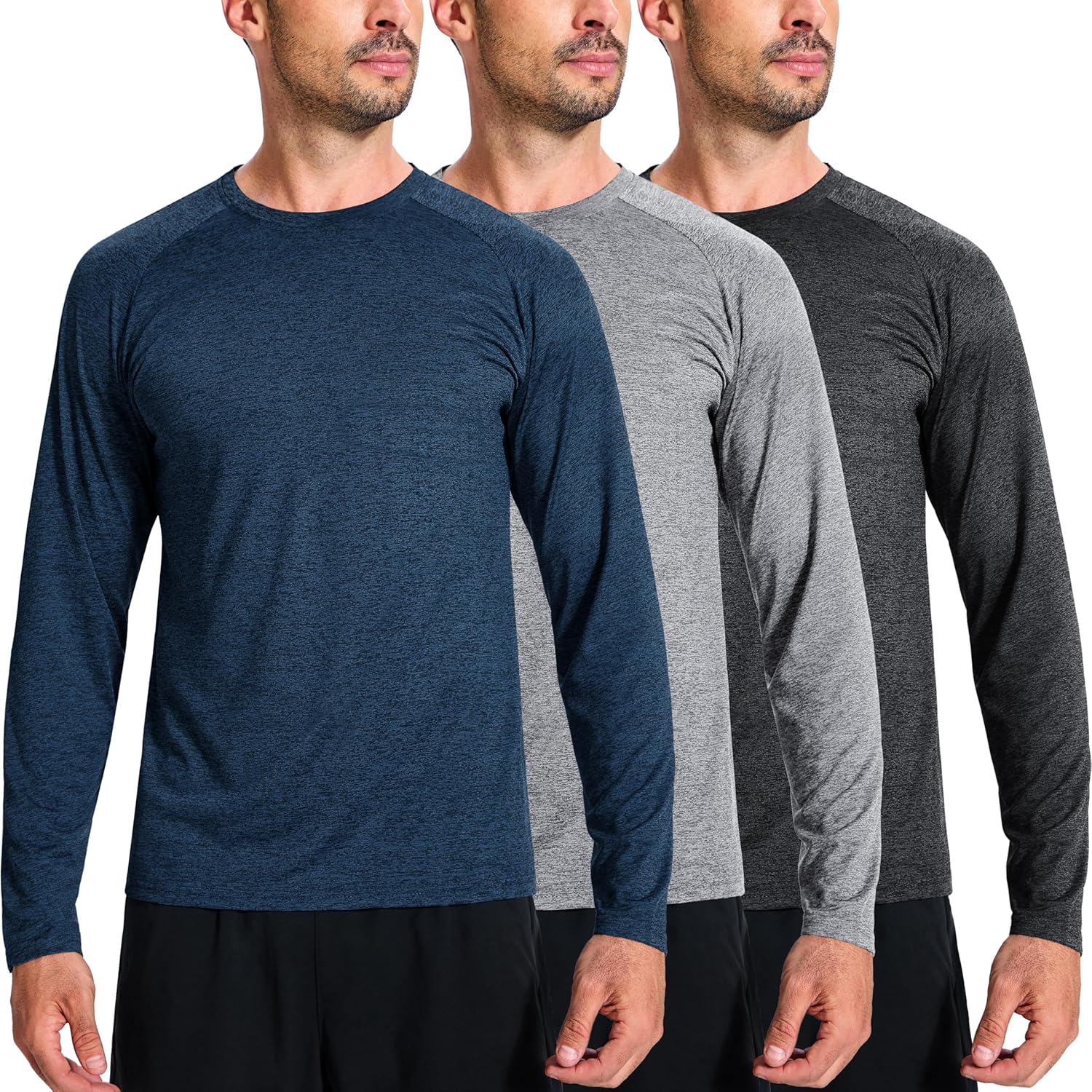 3 Pack Men's Dry Fit Quick Dry Shirts Workout Running Gym Sun Protection Crew Long Sleeve T Shirts