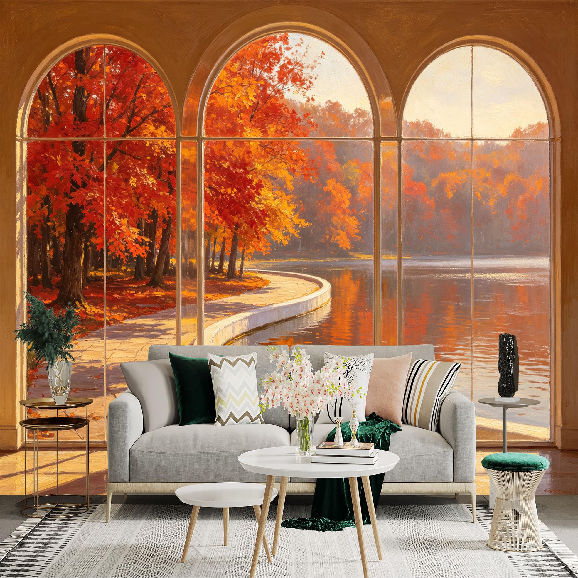 Custom Size Wall Sticker Mural， Autumn Lake View with Red Maple Trees， Scenic Window Landscape， for wall Decoration， peelandstick wall Decals.