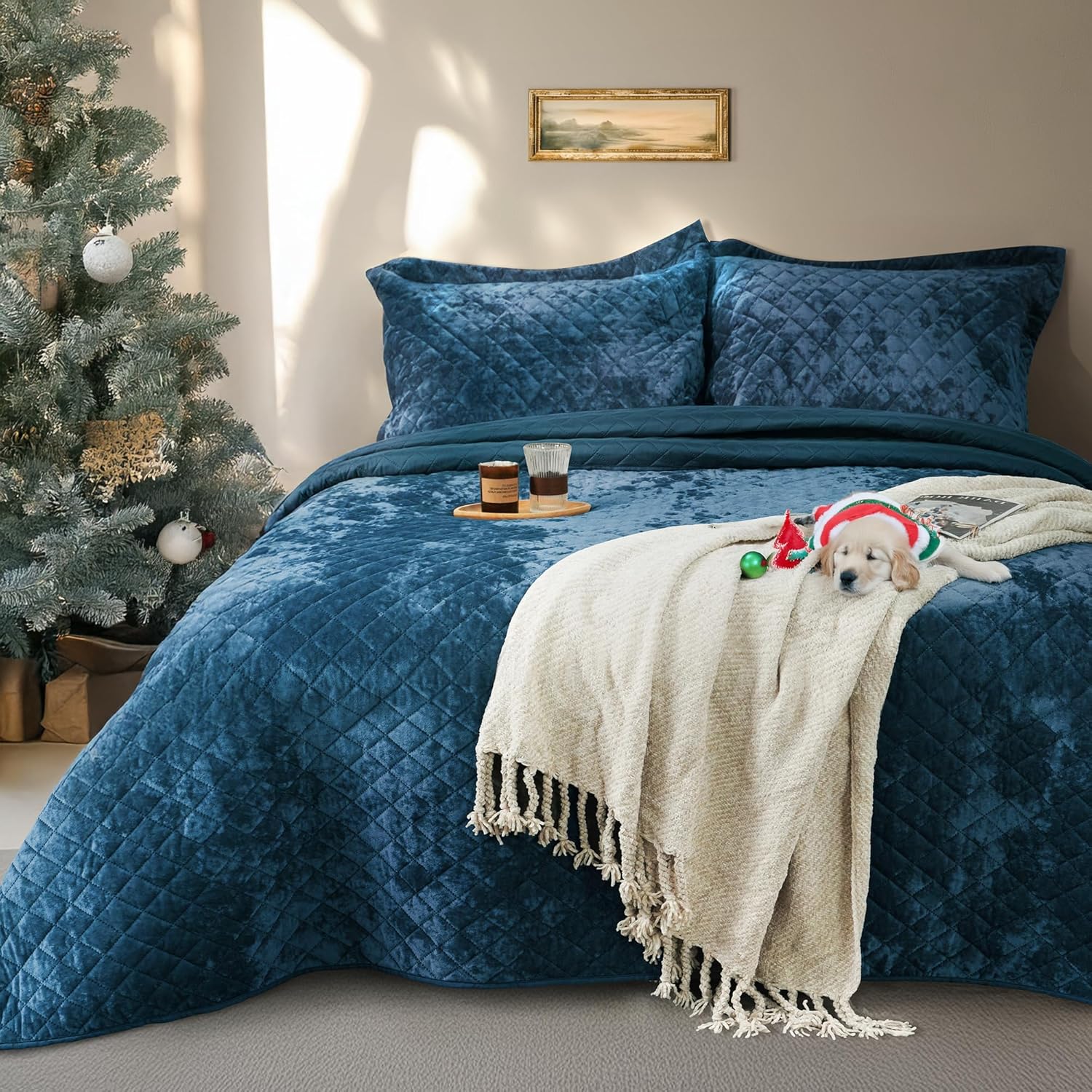 Luxury Velvet Queen Quilt Set, Ultra Soft Lightweight Velvet Comforter Set, Oversized Bedspread Coverlet with 2 Shams Diamond Pattern, for All Season (Blue)