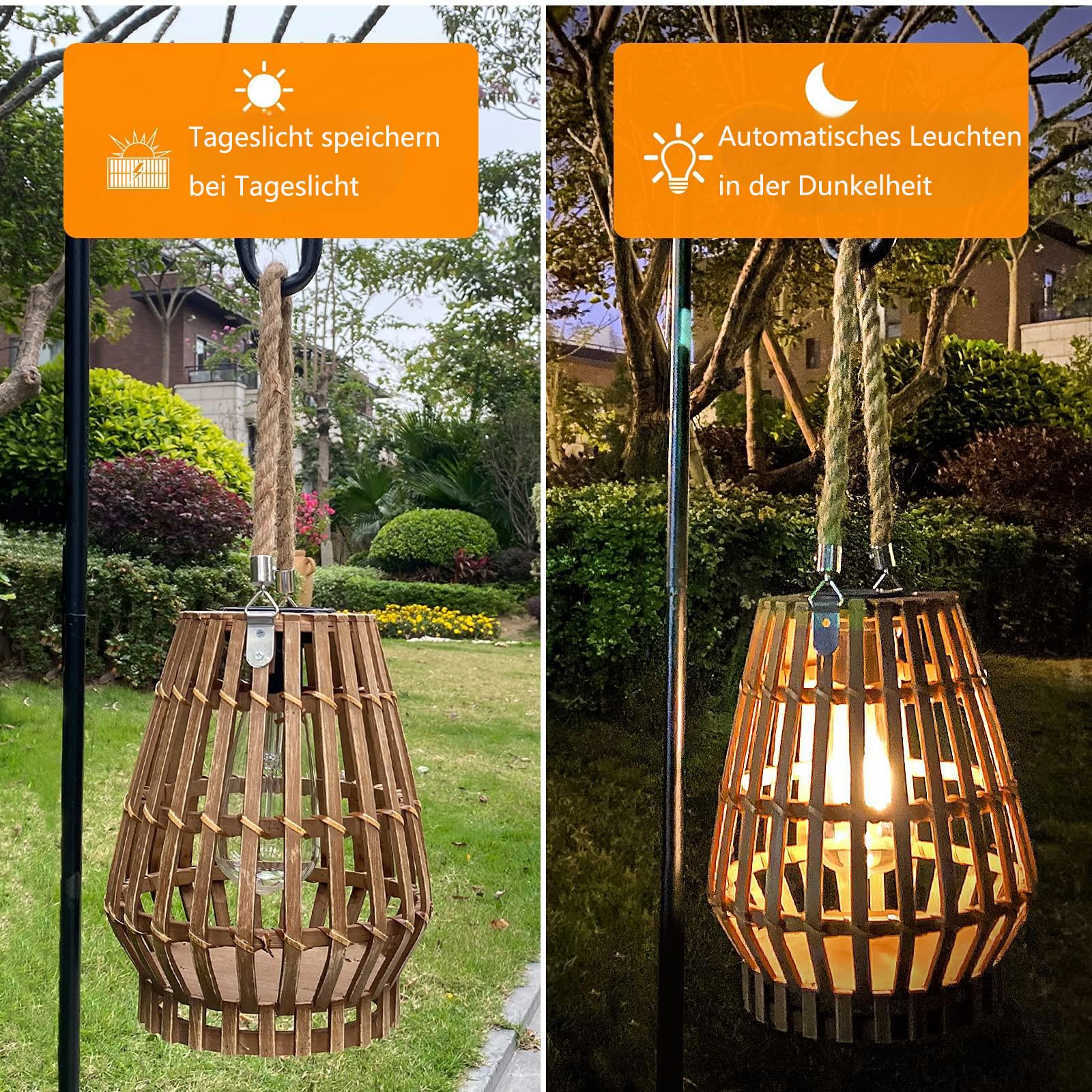 pearlstar Lanternes solaires d'extérieur - En bambou - Étanche - Pour décoration de jardin, balcon, terrasse, cour
