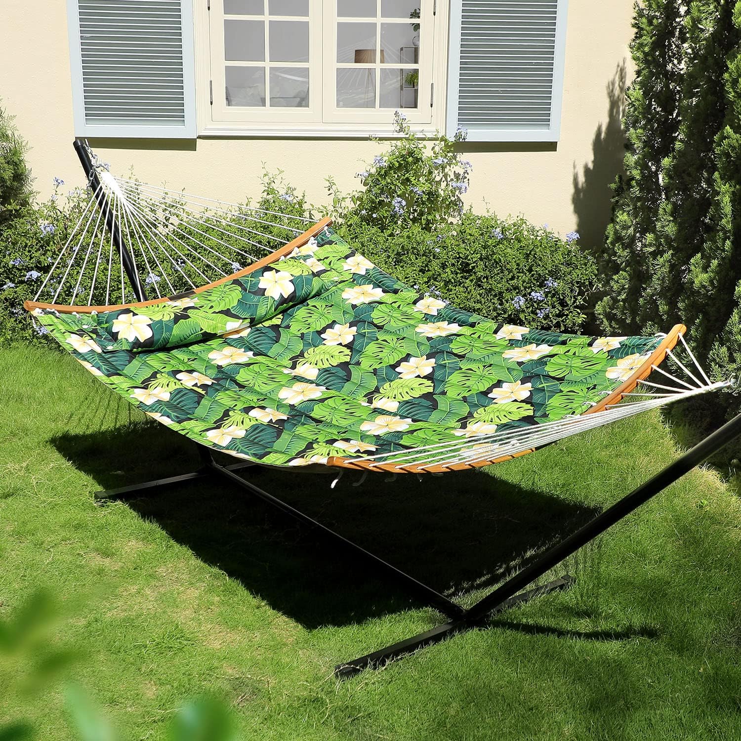 Spreader Bars Hammock Combo 450lbs Capacity, 12 FT Steel Stand with Quilted Polyester Pad and Pillow for Indoor Outdoor Patio Deck Yard