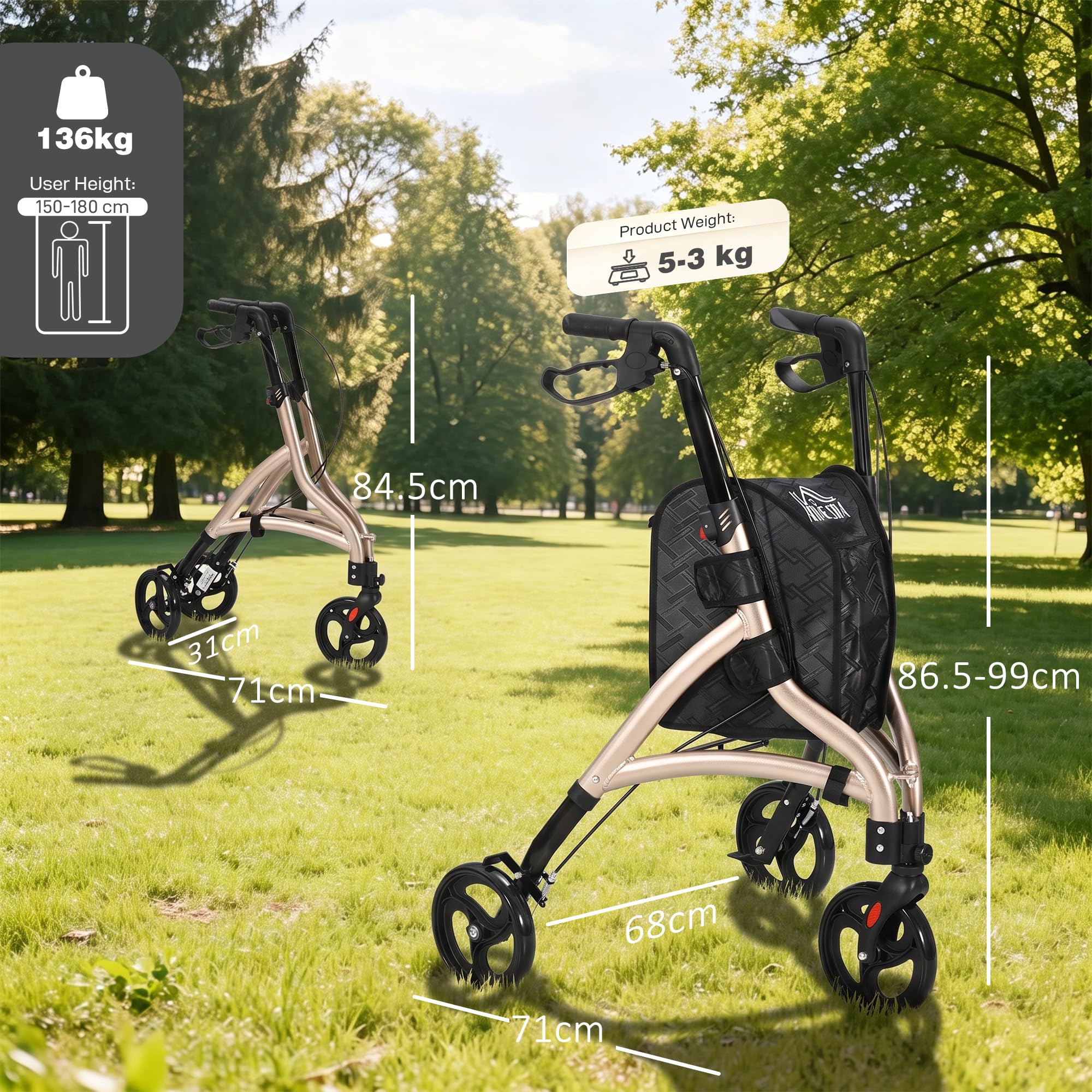 HOMCOM 3-Rad-Rollator leichtes Aluminium für Senioren 5,3kg Goldton