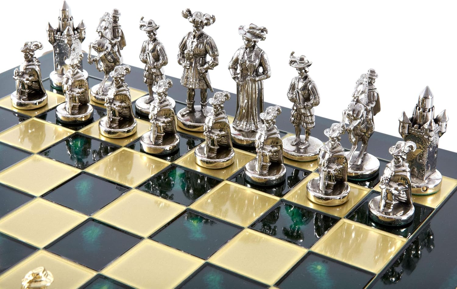 Manopoulos Knights Chess Set - Brass & Nickel - Green Chess Board (2 Players, Age 12+)