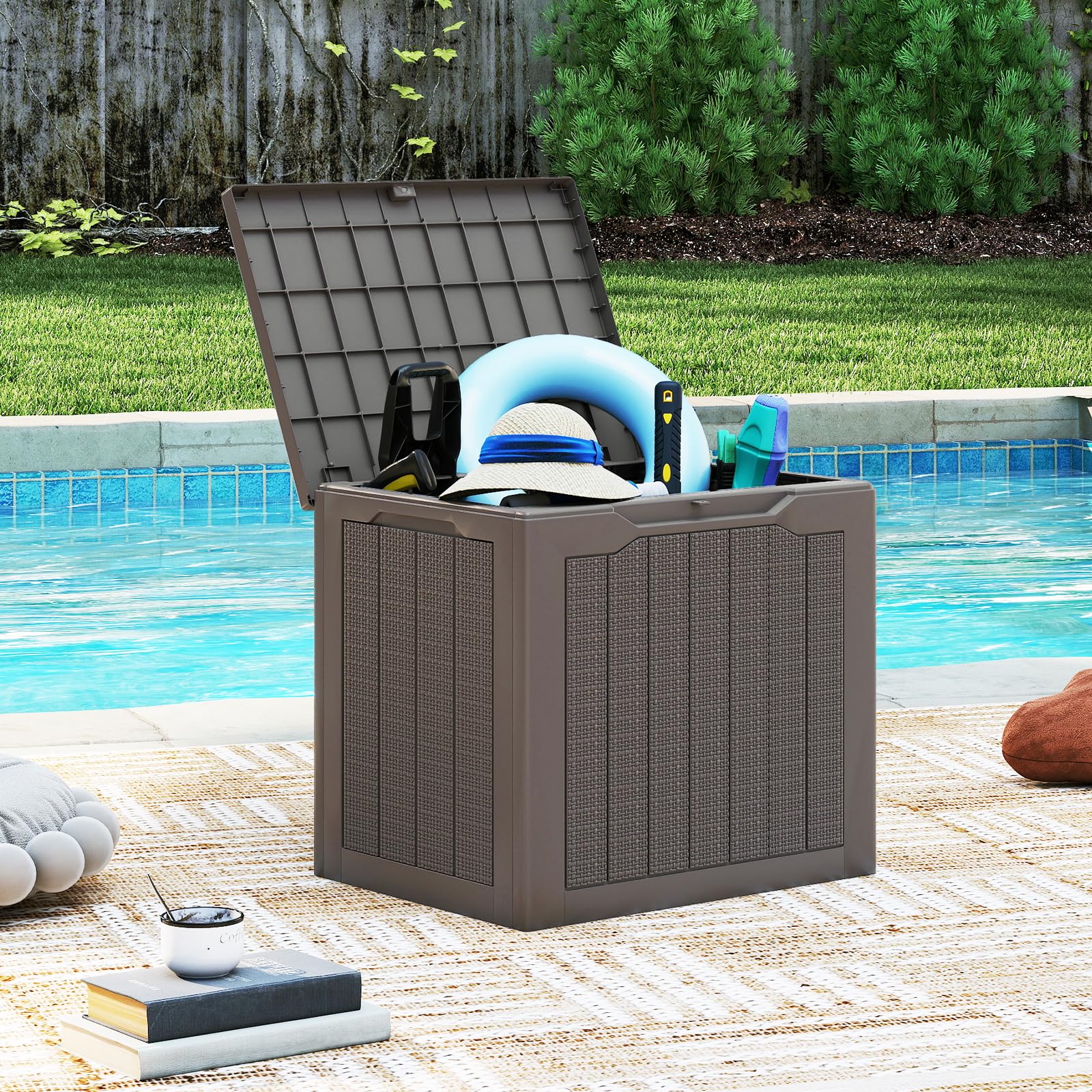 COSTWAY Baule da Esterno 106 L, Cassapanca Contenitore Impermeabile con Coperchio Bloccabile e Maniglie Laterali, per Giardino, Terrazzo e Cortile, 56 x 41 x 50,5 cm (Marrone)