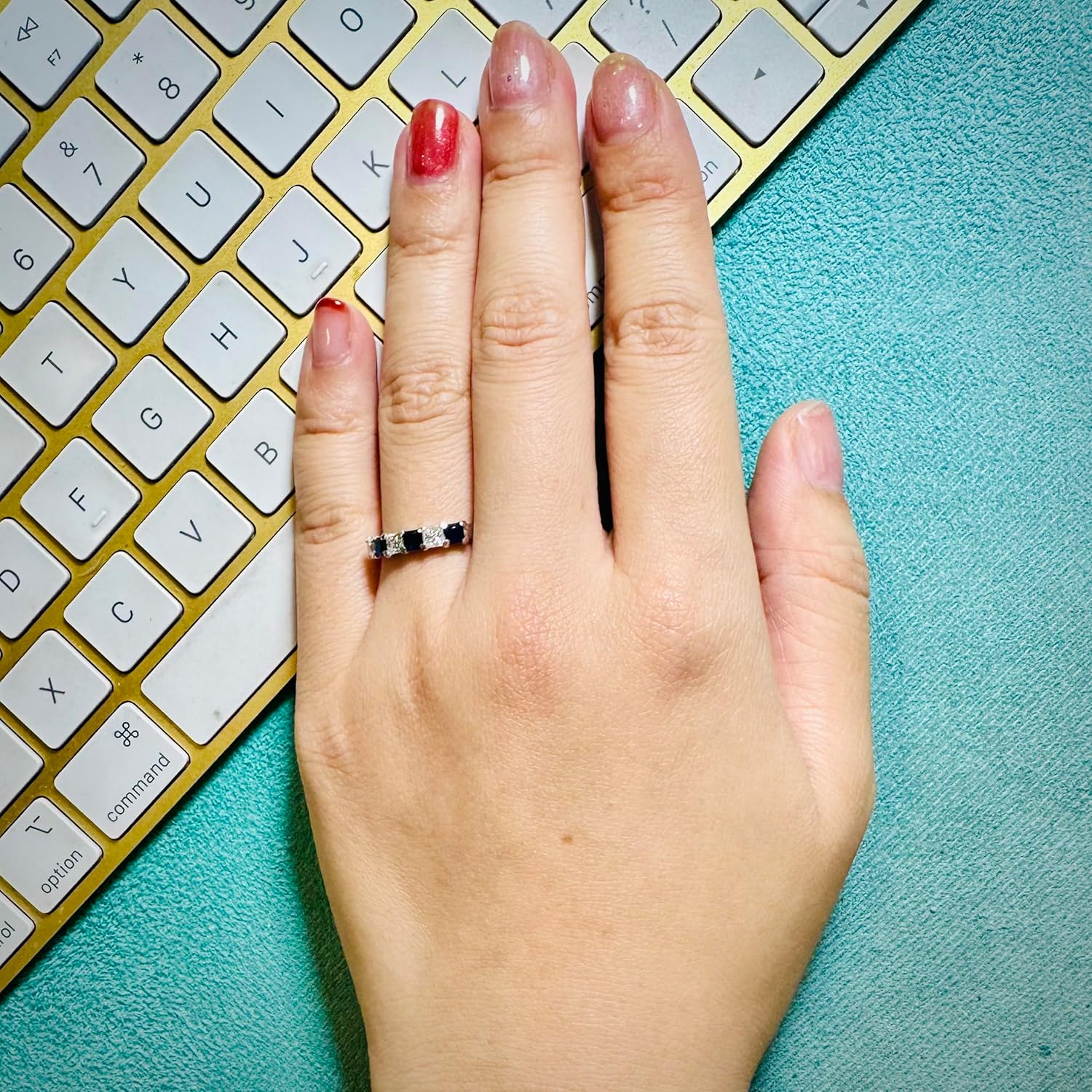 Princess Cut White Moissanite Diamond & Blue Sapphire Wedding Band, 925 Sterling Silver, Stacking Ring