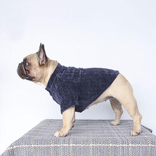 Miniatura 4 de iChoue Suéter cálido de invierno para mascotas, ropa de cuello alto para Bulldog Inglés, Boston Terrier, pana para clima frío, camisa - azulXL