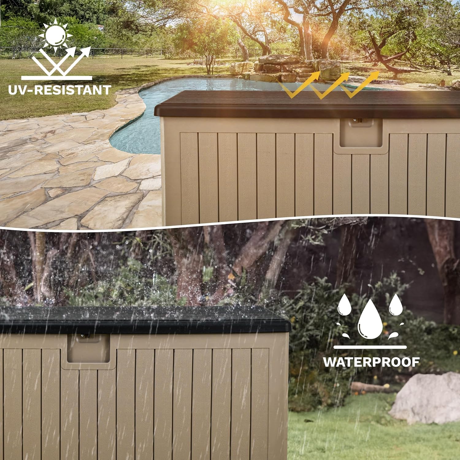 DWVO 230 Gallon Resin Outdoor Storage Box, XXL Double-Wall Waterproof Deck Box with Divider, Doubles as Table or Seating with 1000 lbs Capacity, Lockable (Black&Brown)