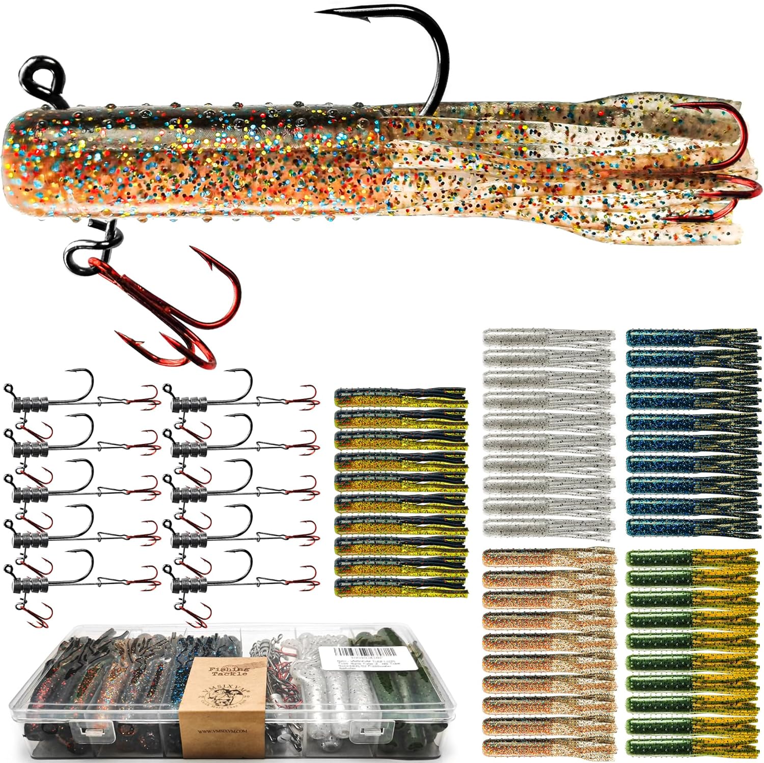 80/65/60 Pcs Tube Lures with Soft Plastic Baits Worms Jig Heads for Bass Fishing, Tube Jigs Hooks Rigs Crappie Lures for Freshwater Saltwater