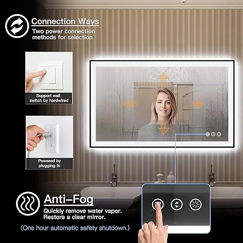 Miniatura 4 de Espejo de baño LED de 40 x 24 pulgadas con retroiluminación y luz frontal, espejo iluminado regulable, marco para pared, antivaho inastillable