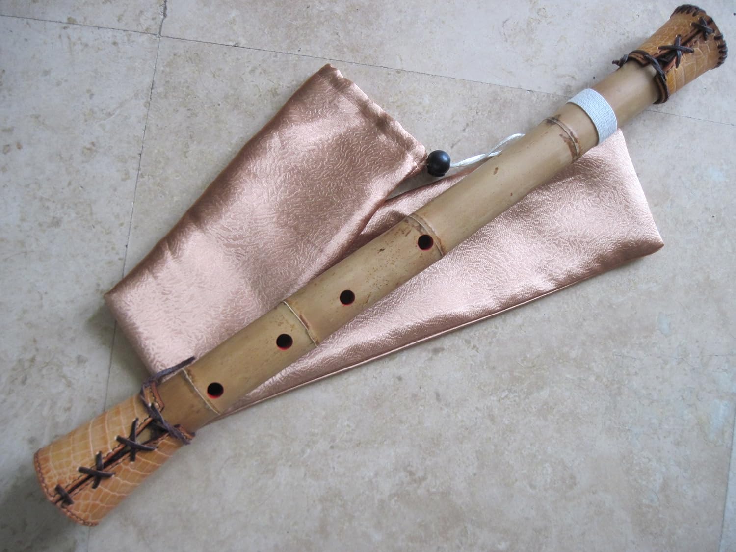 1.8 Pentatonic Shakuhachi w/o. Root End 5 Holes -- KINKO voicing hole w. buffalo Horn Flake inlet - Traditional Zen Instrument w. Leather mouthpiece & root end protection cap