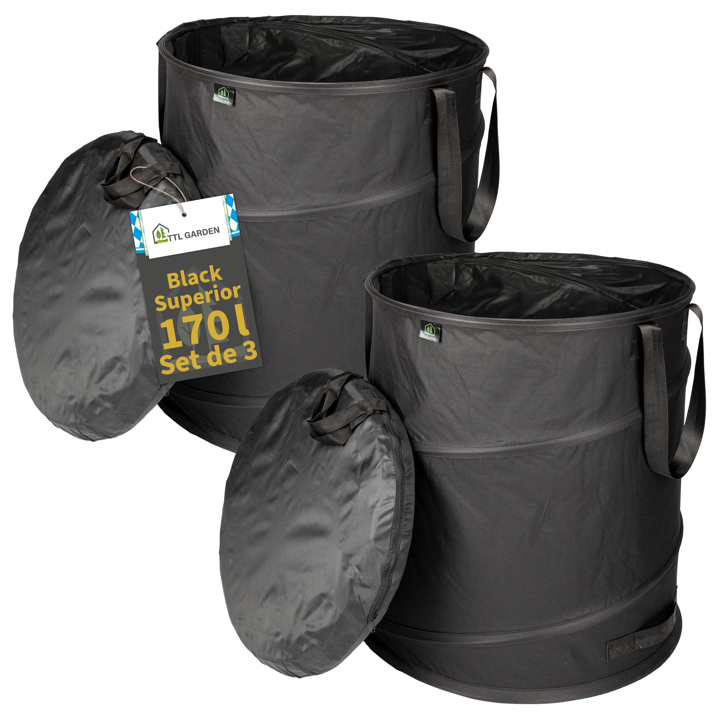 TTL Commerce TTL Garden BLACK SUPERIOR 2x 170L bolsa de jardín emergente DOBLE BASE 260gsm extra estable 600D Oxford juego de 2 bolsa de basura de jardín de 170 litros bolsa de hojas plegable residuo