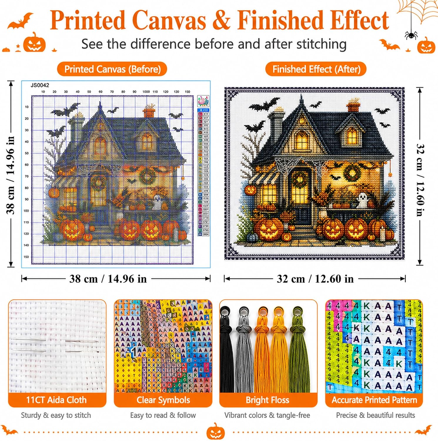 Zhenqing Halloween Pumpkin House Cross Stitch Kit, 11CT 38x38cm