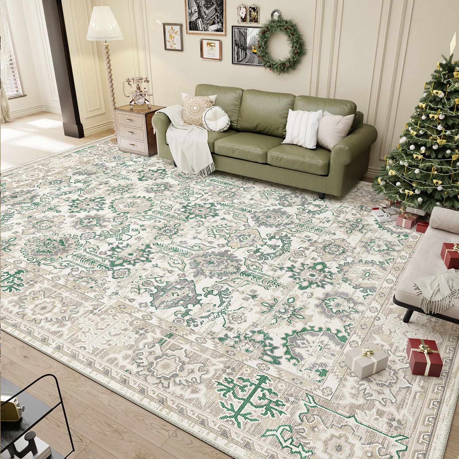 Vamcheer Area Rugs for Living Room - 5’x7’ Washable Area Rug for Bedroom Dining Room Kitchen Indoor Rugs, Soft Machine Washable Vintage Carpet, Beige Green