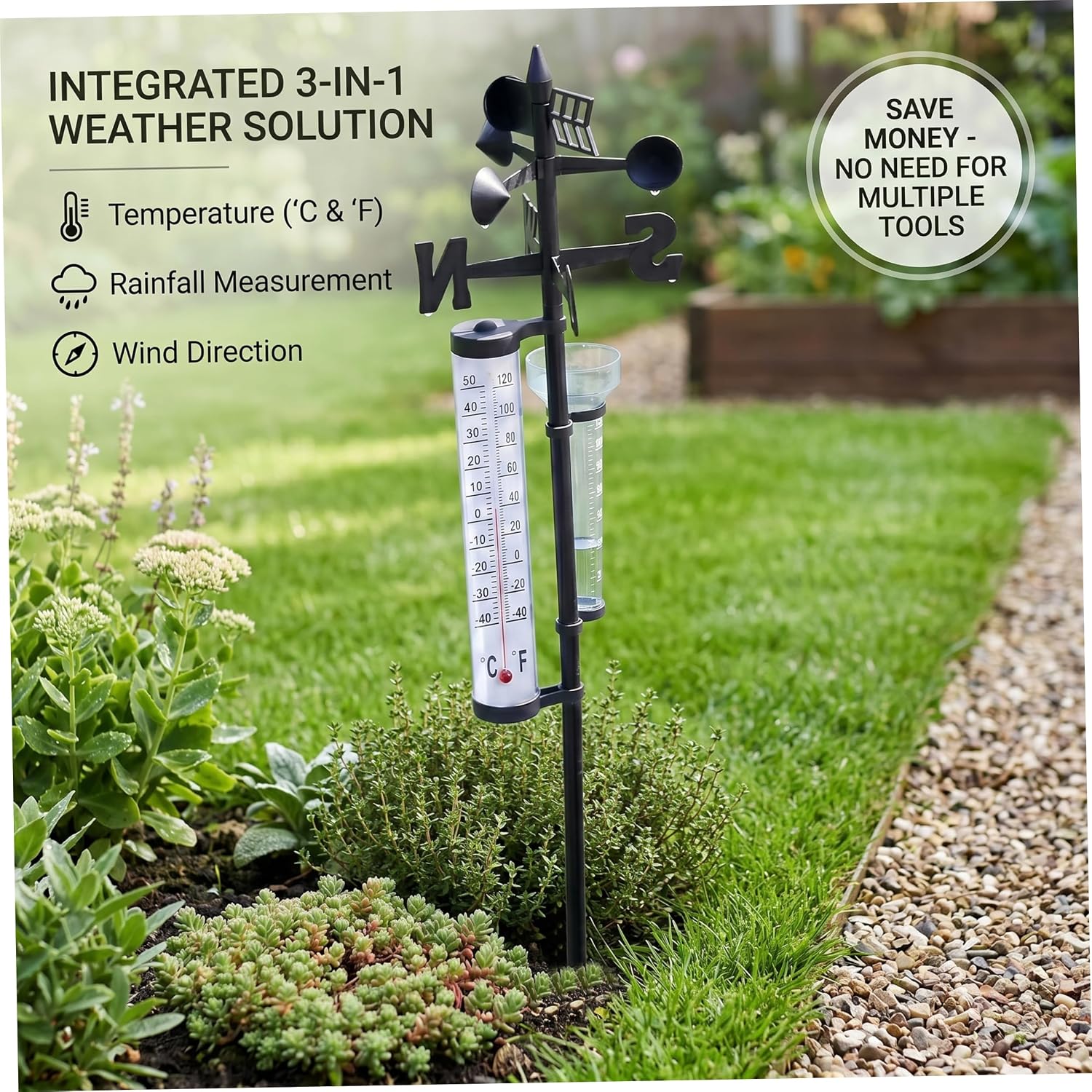 3‑in‑1 Garden Weather Station, Rain Gauge Wind Thermometer with °F/°C Display for Yard Courtyard image 2