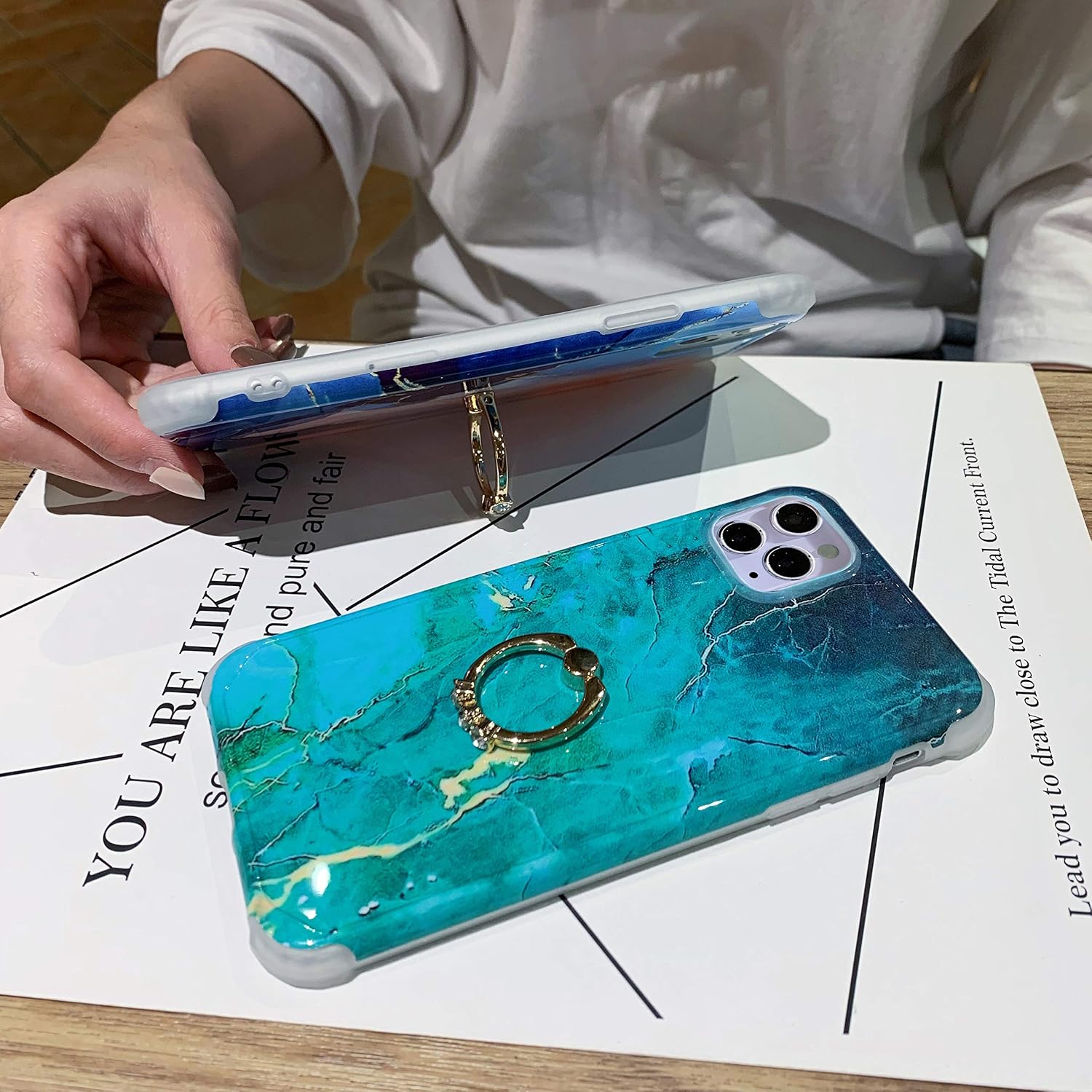 Anynve Compatible with iPhone 11 Pro Max Case, Marble Case with 360 Degree Ring Kickstand Holder, [Reinforced Raised Corners & Shockproof Hard Back] Soft TPU Bumper Case [6.5 inch] -Gold Blue