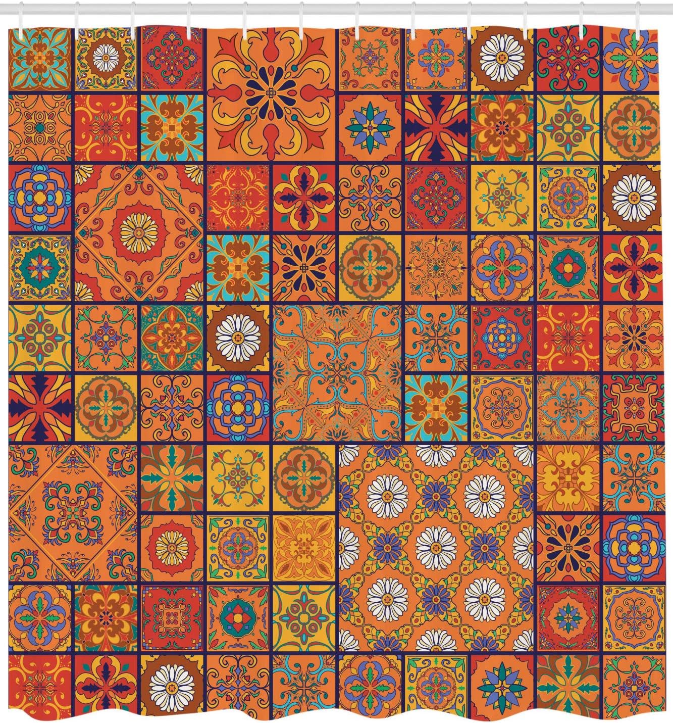 Ambesonne Moroccan Shower Curtain, Group of Moroccan Geometric Patterns Floral Ornamental Patchwork Print, Cloth Fabric Bathroom Decor Set with Hooks, 69" W x 84" L, Marigold Orange
