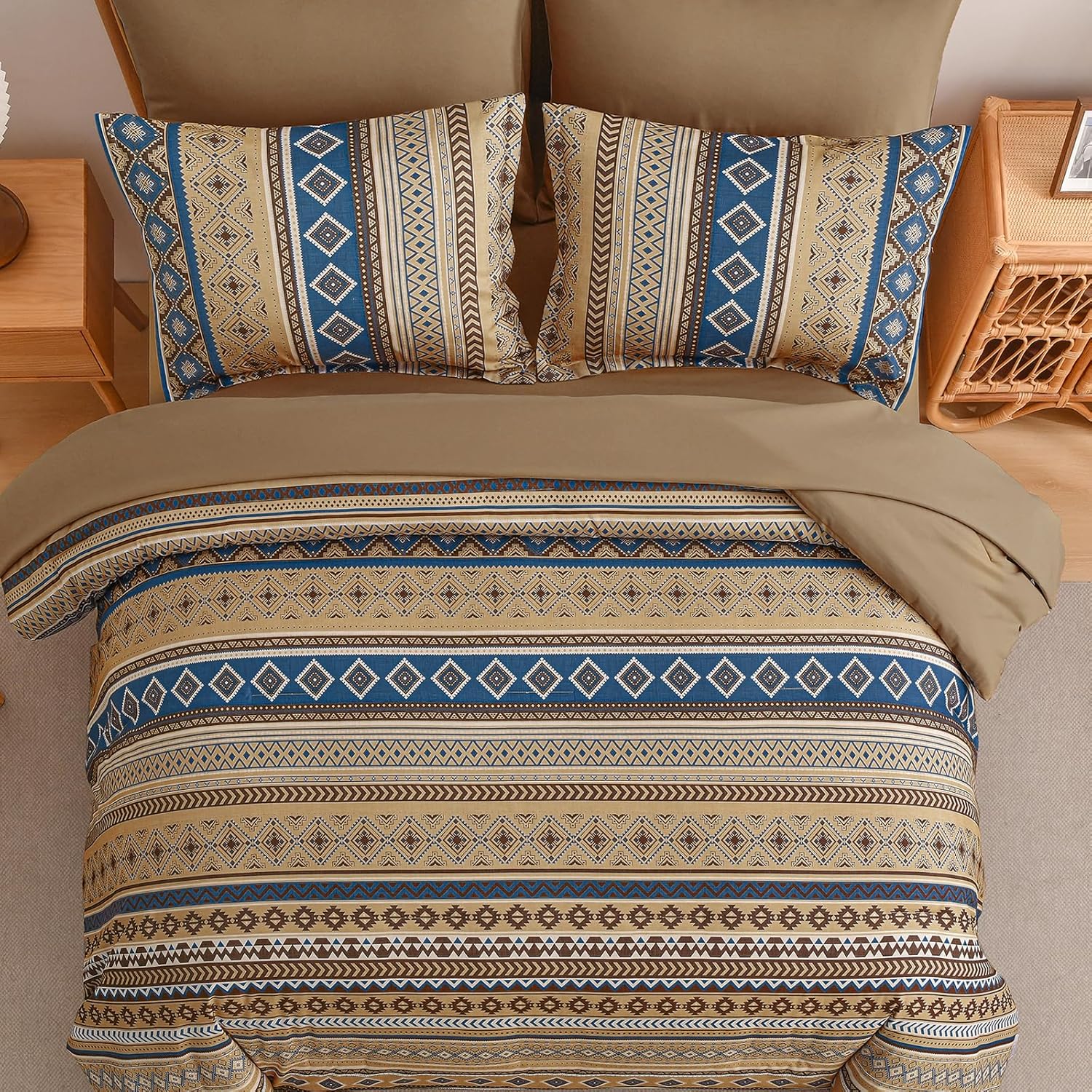 Mybedsoul Brown Boho Style Comforter Set 7 Pieces, Queen Size Aztec Bed in a Bag, All-Season Bedding Set with Sheets & Pillow Shams, Bohemian Geometric Striped Pattern - Image 4