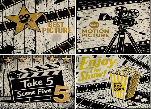 Movie Theme Placemats Set of 4 Vintage Cinema Popcorn,Projector,Clapboard,Star Table Mats Waterproof Heat Resistant Washable Non-Slip Place Mats for Dinner Room Kitchen Decor Table 1216