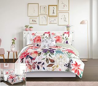 Chic Home Multi Color Reversible Bed in a Bag Quilt Set, Queen Size (4 Piece), Retsina - Microfiber Bedding with Floral Watercolor and Green Leaf Pattern Design - Quilt, Pillow Shams & Tasseled Pillow