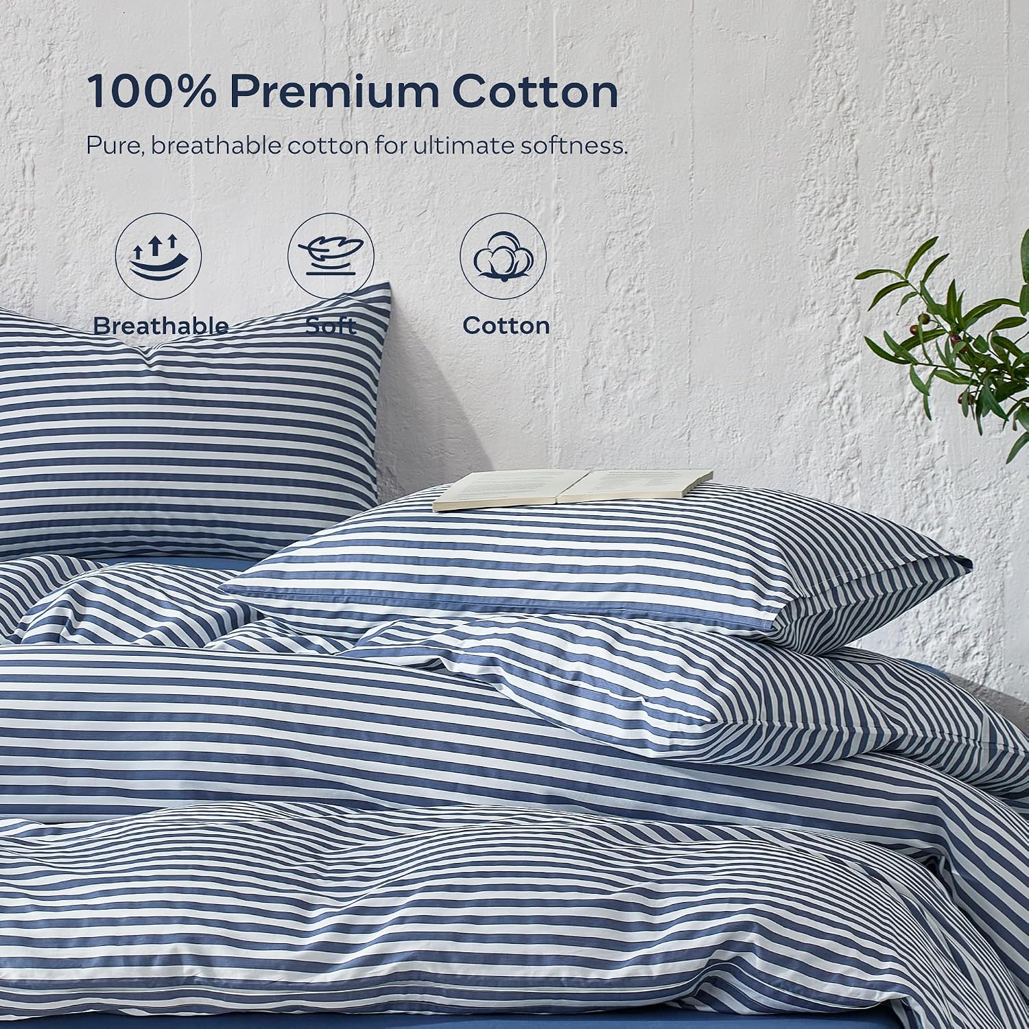 JELLYMONI 100% Cotton Sheet Set, Navy Blue Striped, King image 3