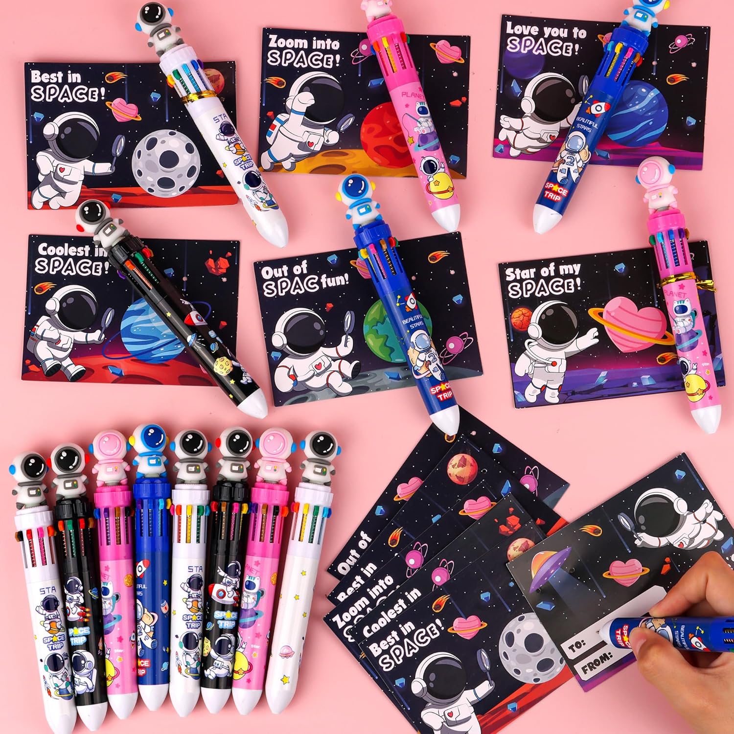 24 Pack Valentines Day Gifts for Kids Classroom, Valentine Cards with Galaxy Space Theme 10-in-1 Multicolor Pens, Valentines Classroom Exchange Gifts, Valentines School Party Favors for Boys Girls