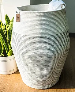 Goodpick Laundry Hamper | Woven Cotton Rope Dirty Clothes Hamper Tall kids Curve Laundry Basket Large, (White, 25.6 x 17.71 Inch)
