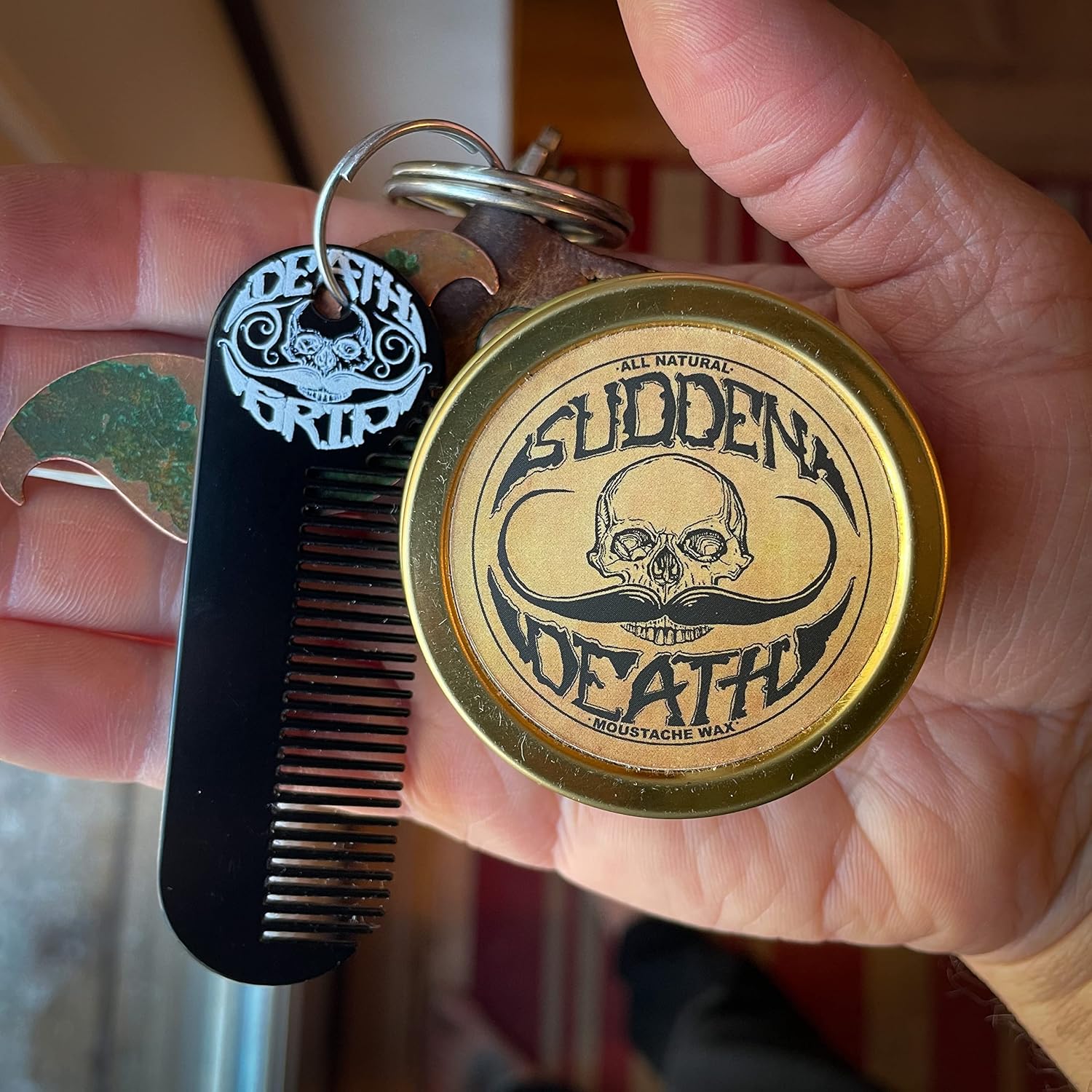 THE VINTAGE GROOMING CO. Sudden Death Strong Hold Mustache Wax and Death Grip Mustache Keychain Comb Set