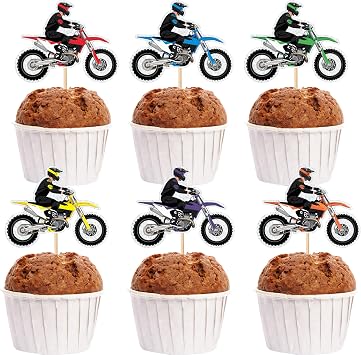 24 motorcycle cupcake toppers, silver sparkling off-road theme, off-road motorcycle party cupcake decoration Double-sided colors