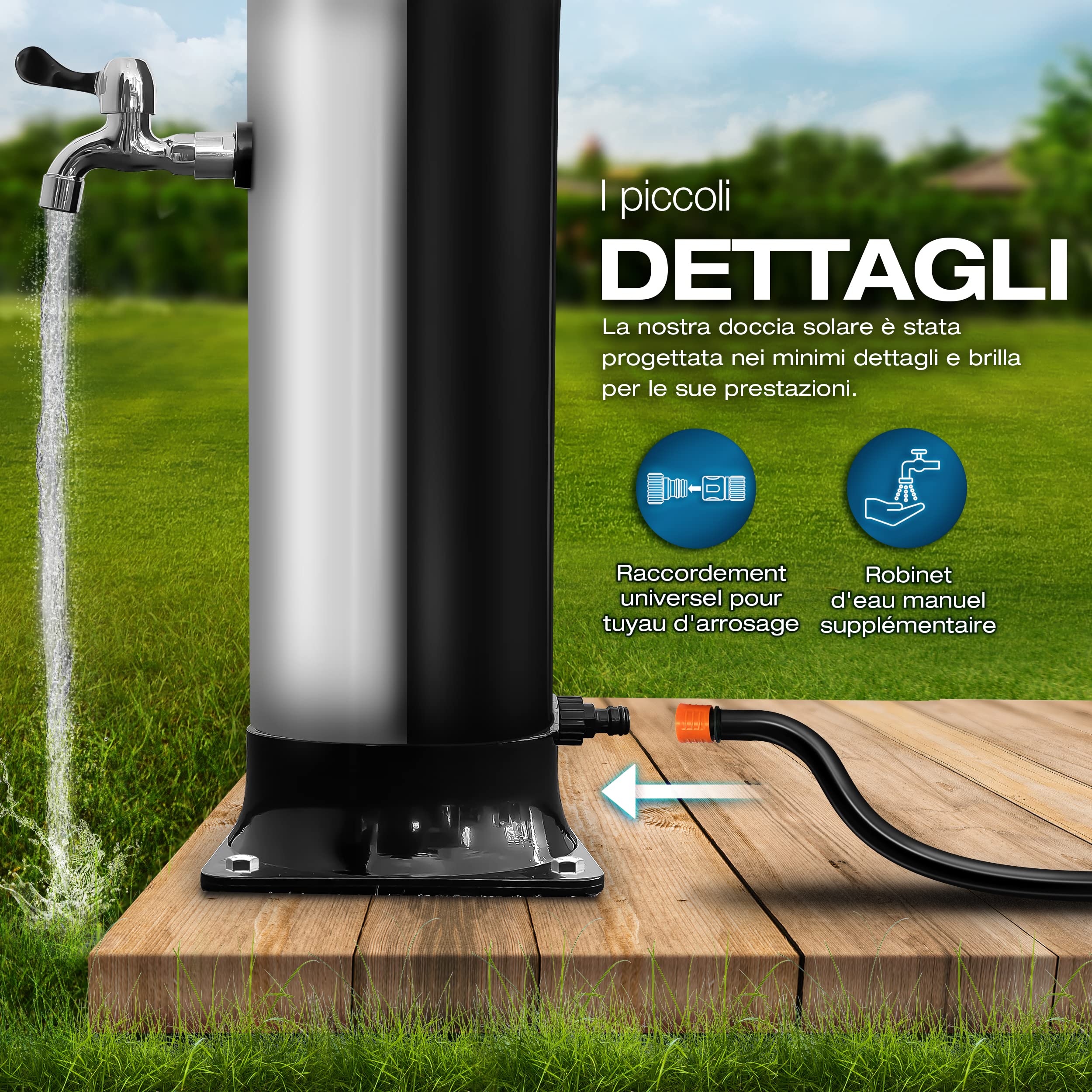 tillvex Doccia Solare da Giardino 20 Litri - Custodia Protettiva Inclusa, con Rubinetto e soffione a Pioggia, Collegamento per Tubo da Giardino