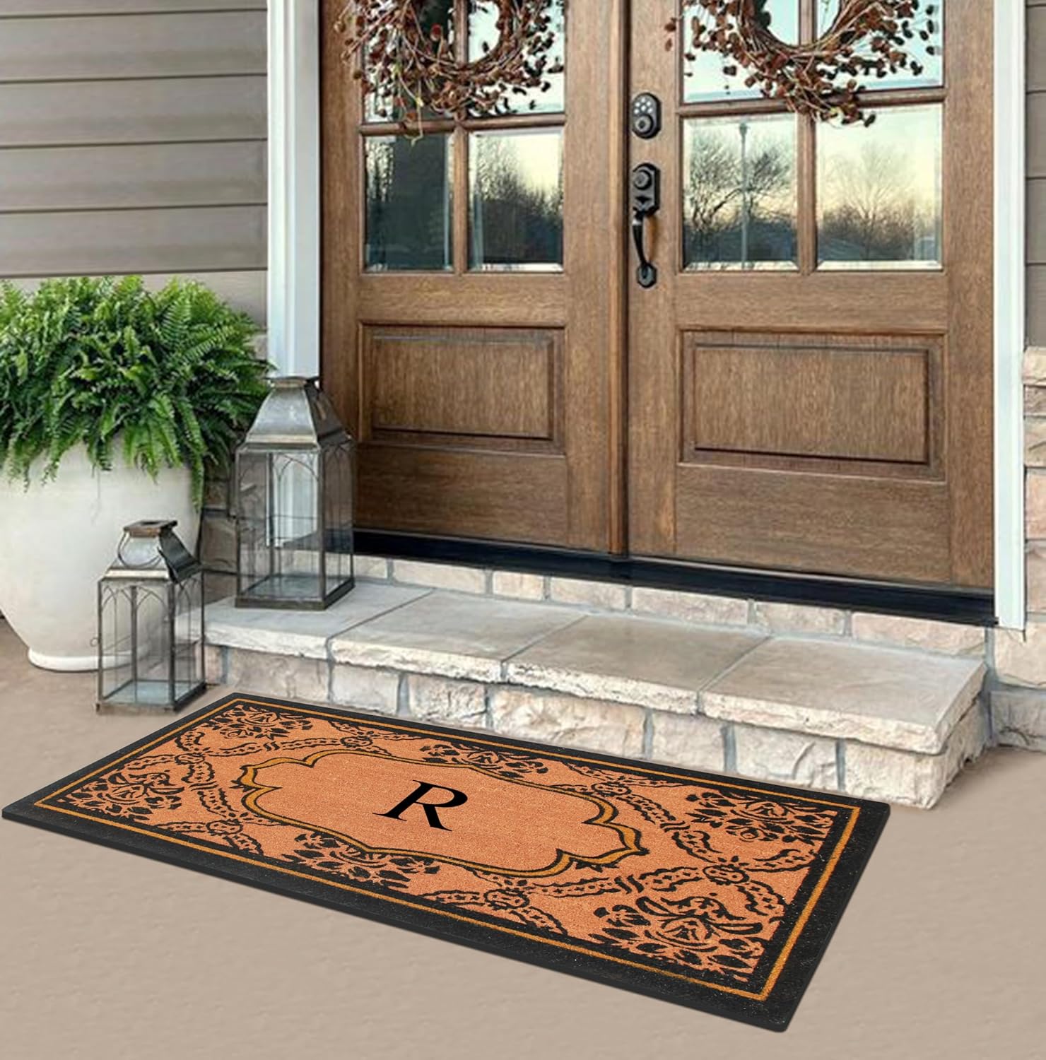 A1HC Natural Coir Monogrammed Doormat Anti-Shed Treated Durable Front Door Mat for Outside Entrance, Heavy Duty, Thin Profile, Easy to Clean, Long Lasting, Entrymat, 30" x 60" - R