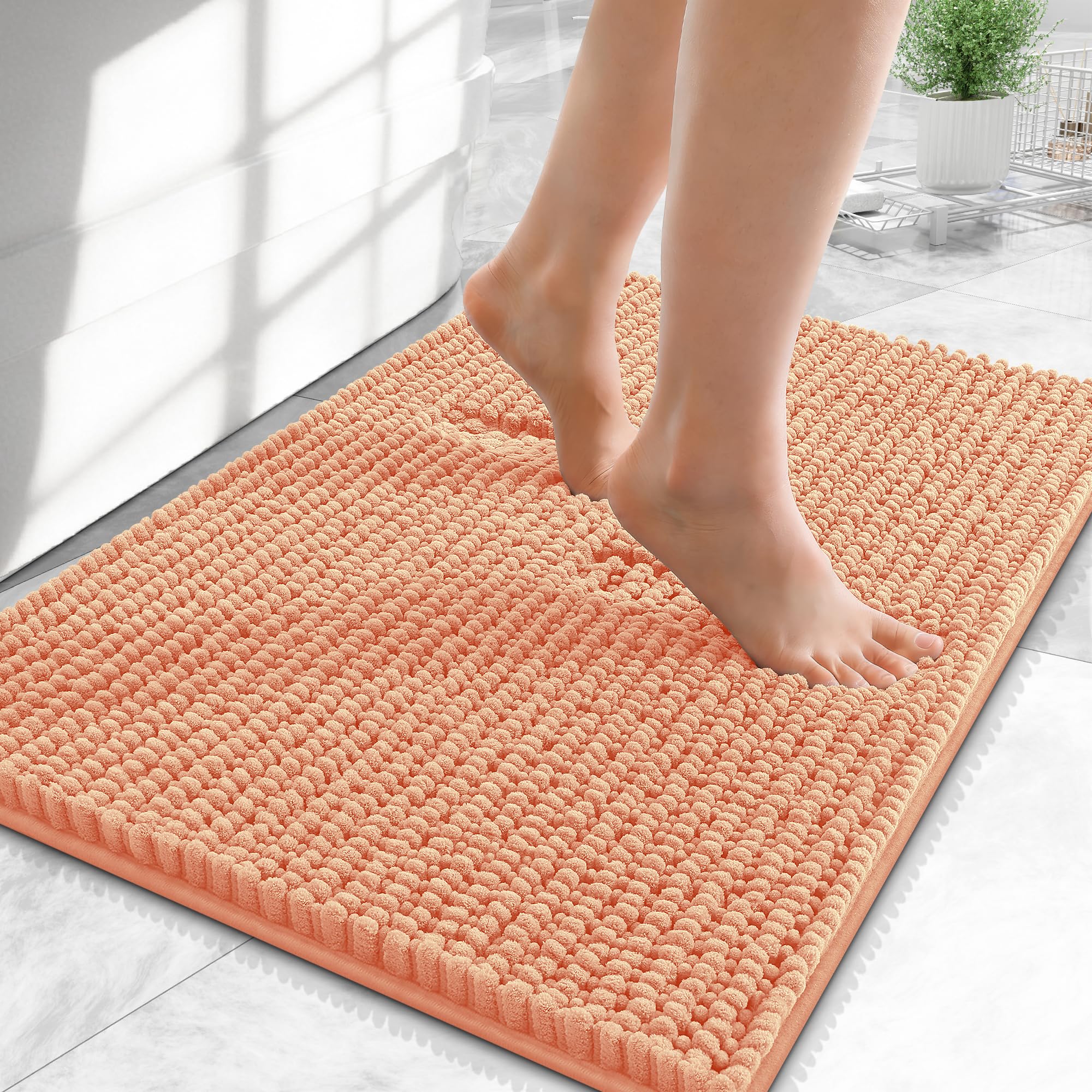 OLANLY Thick Chenille Small Bathroom Rugs 24x16, Absorbent Bath Mat, Peach