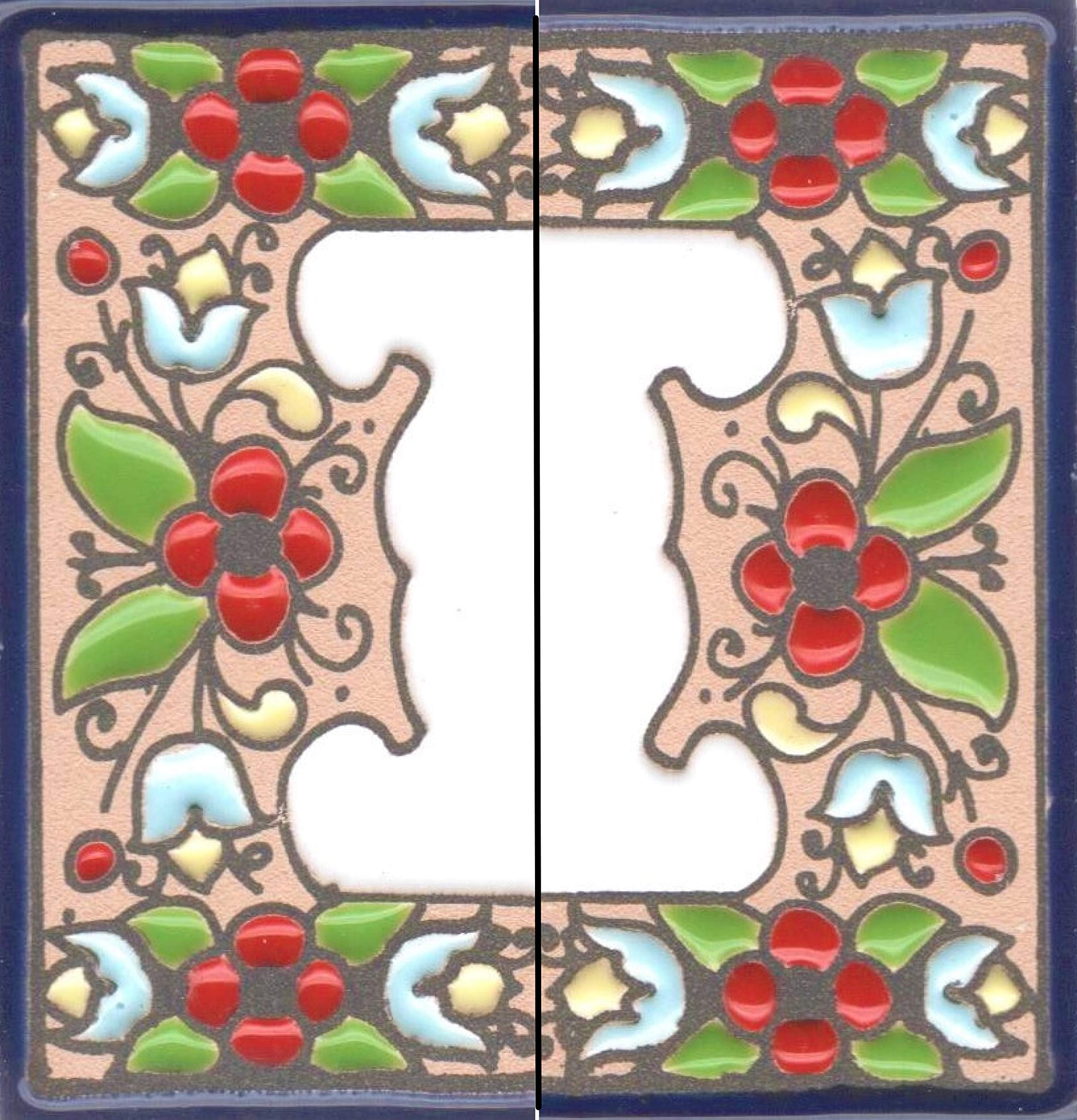 Spanish 7.5cm x 3.5cm Floral Cherry Flower Hand-Painted Ceramic Numbers, Letters, Tiles & Filigree Metal Frames (Ends (as a Set))