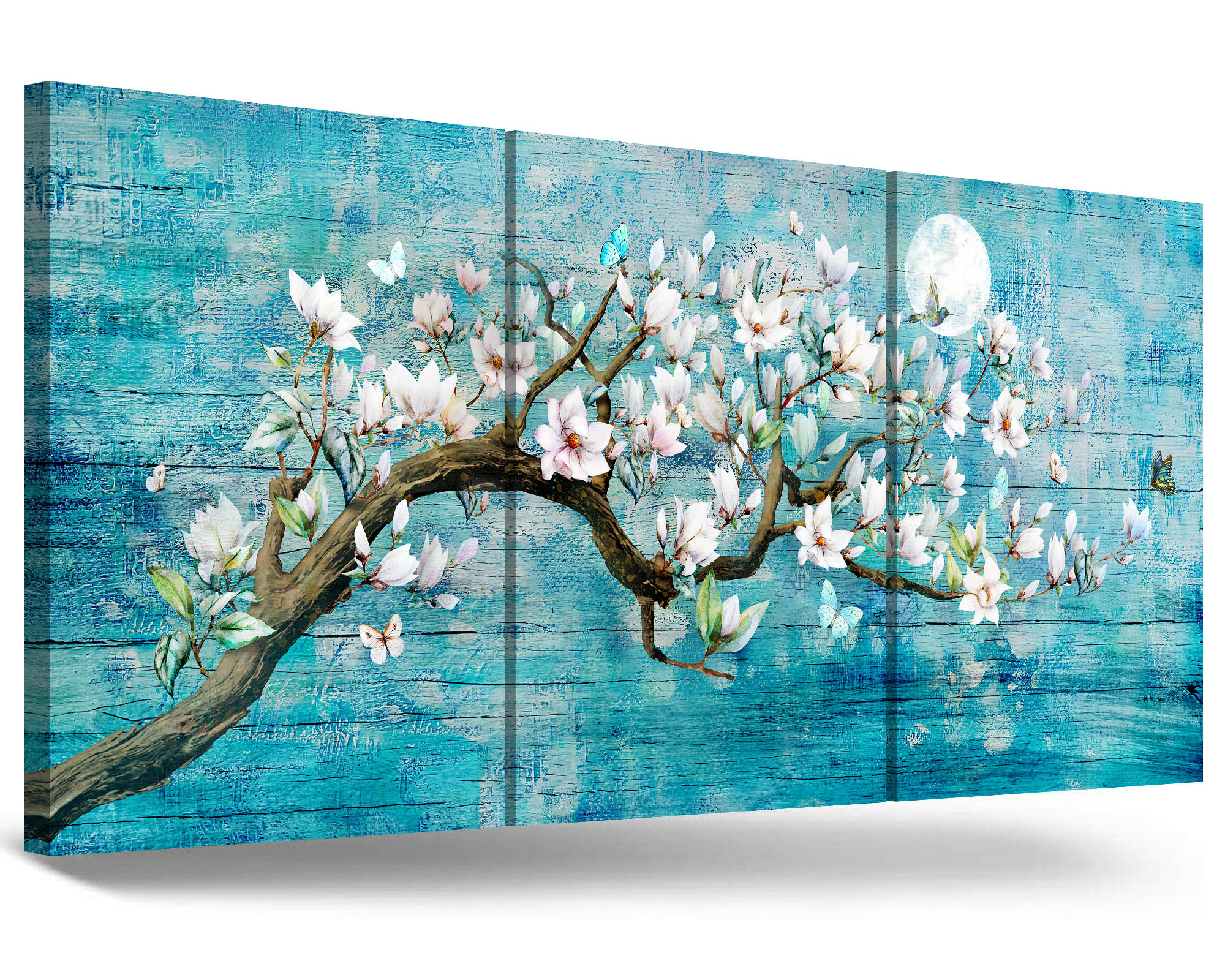 Amazon Co Jp 3スライス スプライシングアート アートパネル 室内装飾 絵画 ポスター ペインティング 桜 花 月光 青 事務室 部屋 木製 フレーム付き ホーム キッチン