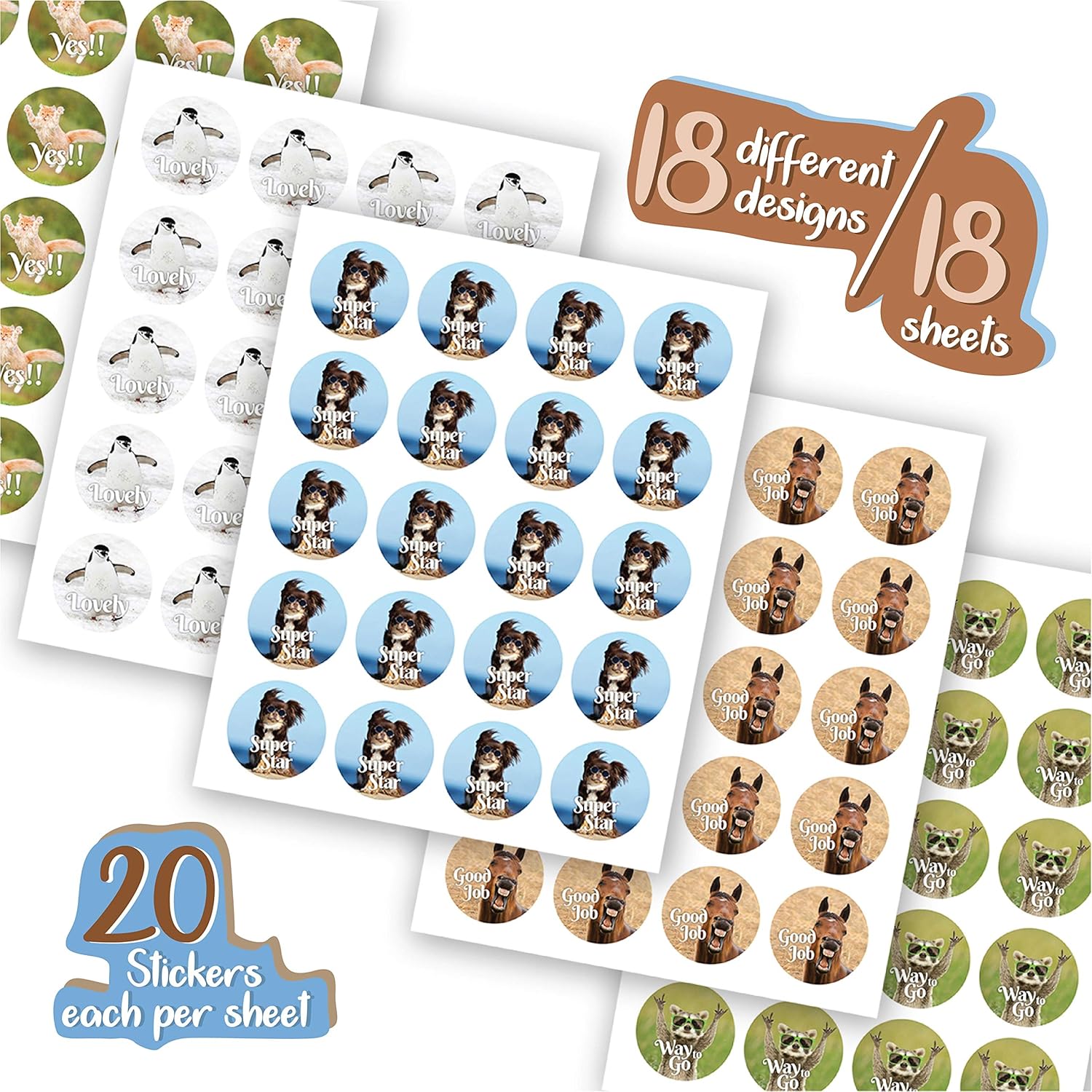 3600 Animal Reward and Motivational Stickers in Sheets, 1 Inch Round Size | 18 Different Fun Animal Meme Theme Designs | Recommended for All Ages and Classes (10 Pack)