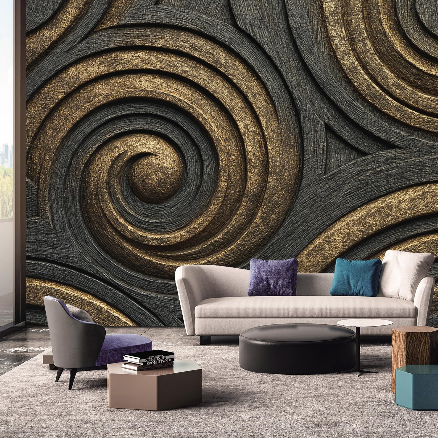 Papier peint panoramique relief 3D deco murale chambre salon cuisine motif texture dore gris