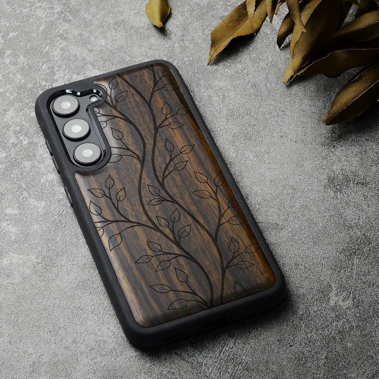 Carveit Wood Case for Galaxy S23 Case [Natural Wood & Black Soft TPU] Shockproof Protective Cover Unique Wooden Design Compatible with Samsung S23 (The Essence of Foliage-Blackwood)