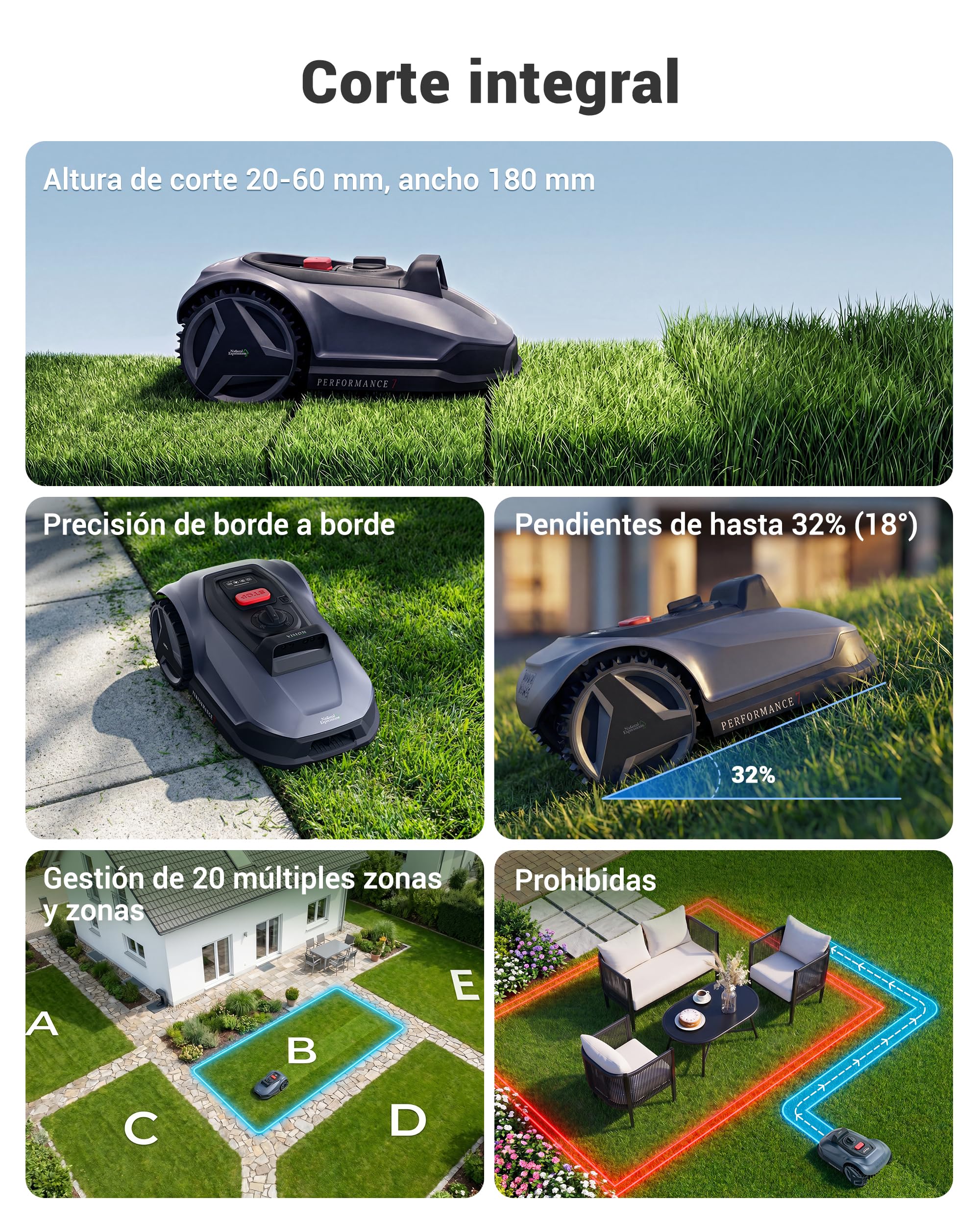 Natural Expressions Performance 7 Robot Cortacésped sin Cable Perimetral con Base de Carga, 500m², Navegación IA Tri-Cámara, Instalación 5 Min, Evitación Inteligente de Obstáculos, Protección Erizos
