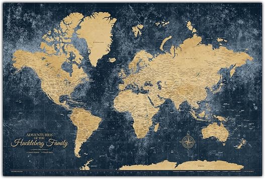 HolyCowCanvas Personalized Gold & Navy Textured Push Pin World Map on Canvas to Track Travels, World Map Pin Board, Holy Cow Travel Tracker 60x40, Framed