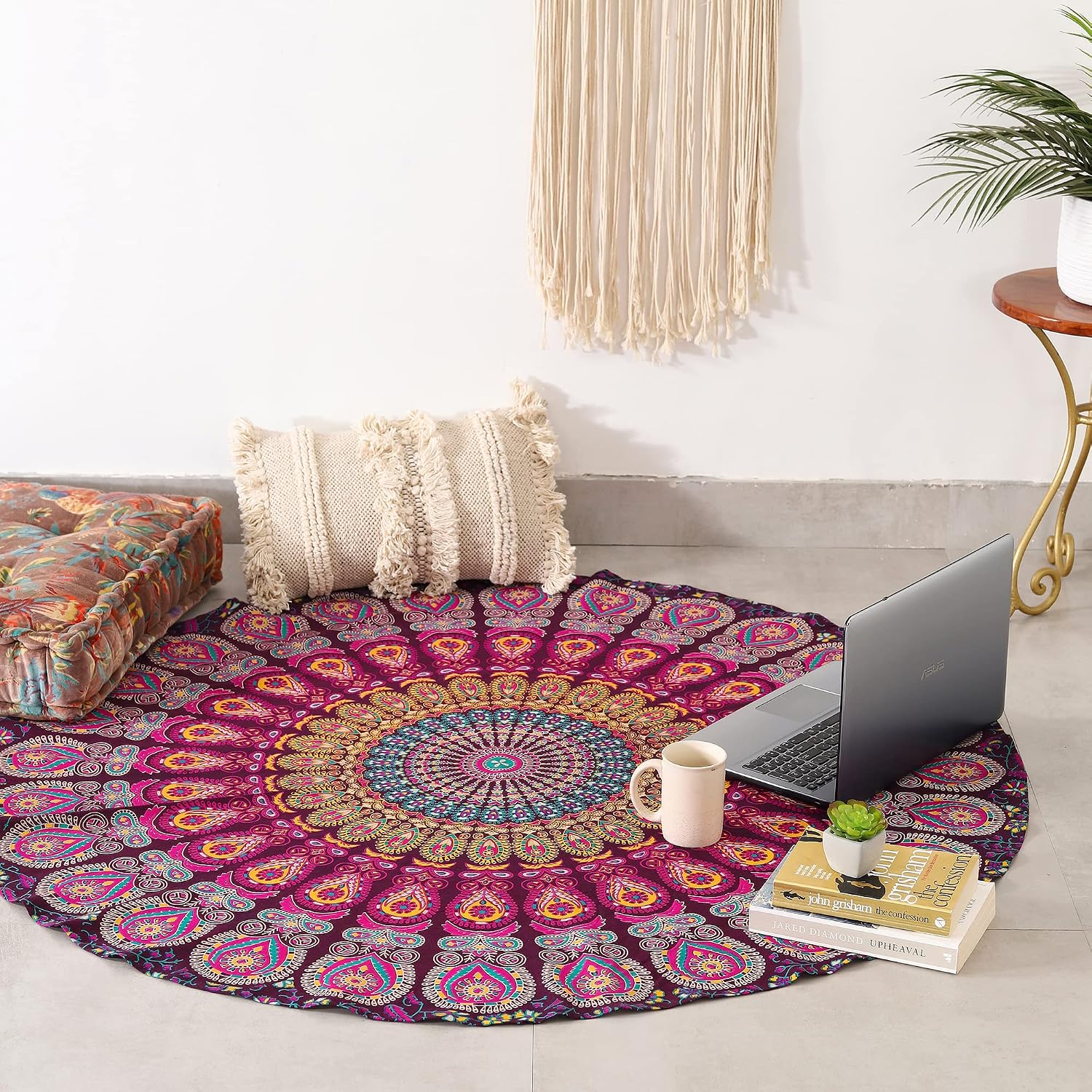 Popular Handicrafts Round Tapestry Indian Mandala Beach Throw Tapestry Wall Hanging Hippy Boho Gypsy Cotton Tablecloth Yoga Sheet 70" Neavy Blue Cotton Tassel image 3