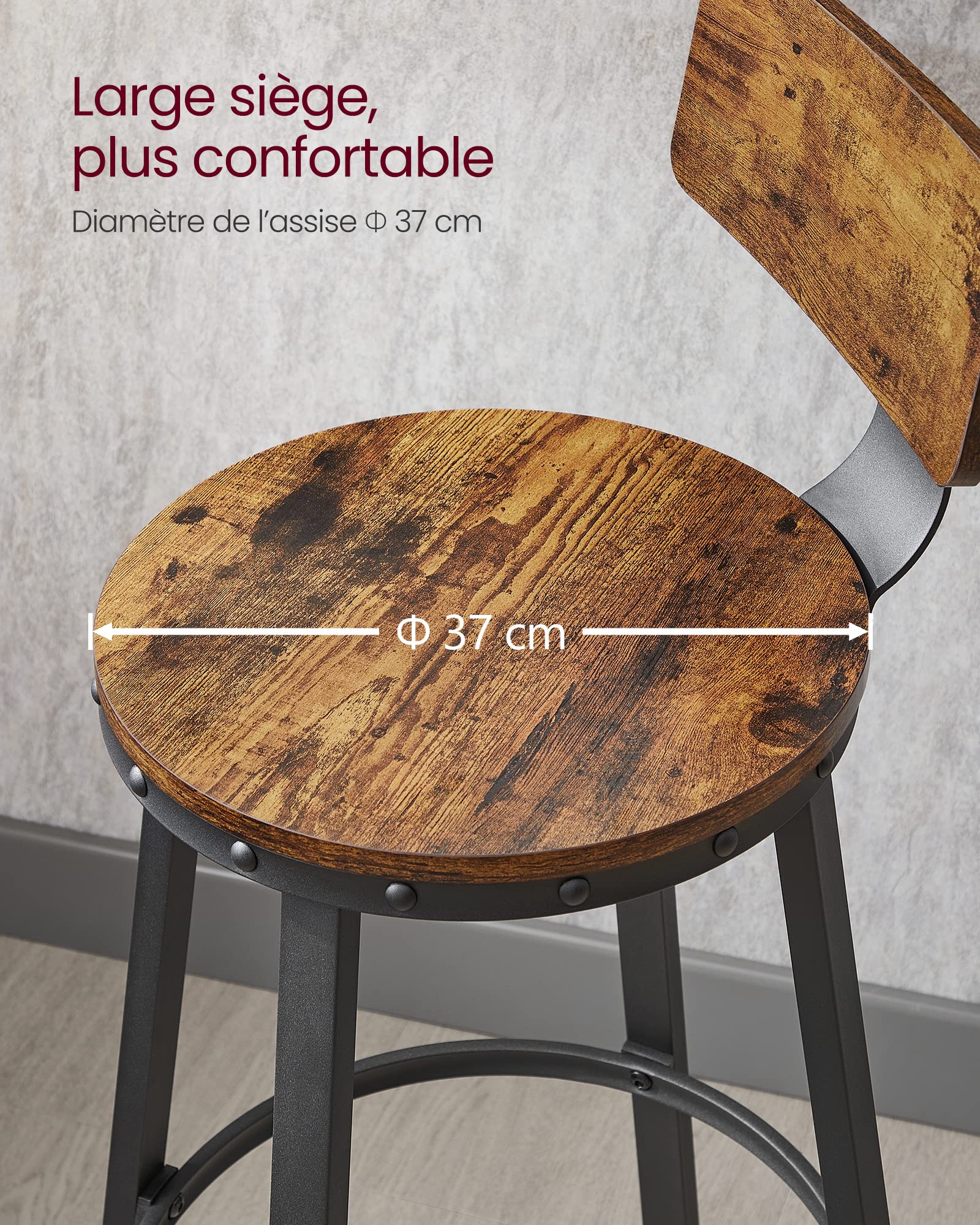 VASAGLE Tabouret Bar Industriel, Lot de 2, Chaises Bar Cuisine, avec Dossier, Cadre en Acier, Siège 73,5 cm de Haut, Montage Facile, Style Industriel, Marron Rustique et Noir d'encre LBC026B01V1