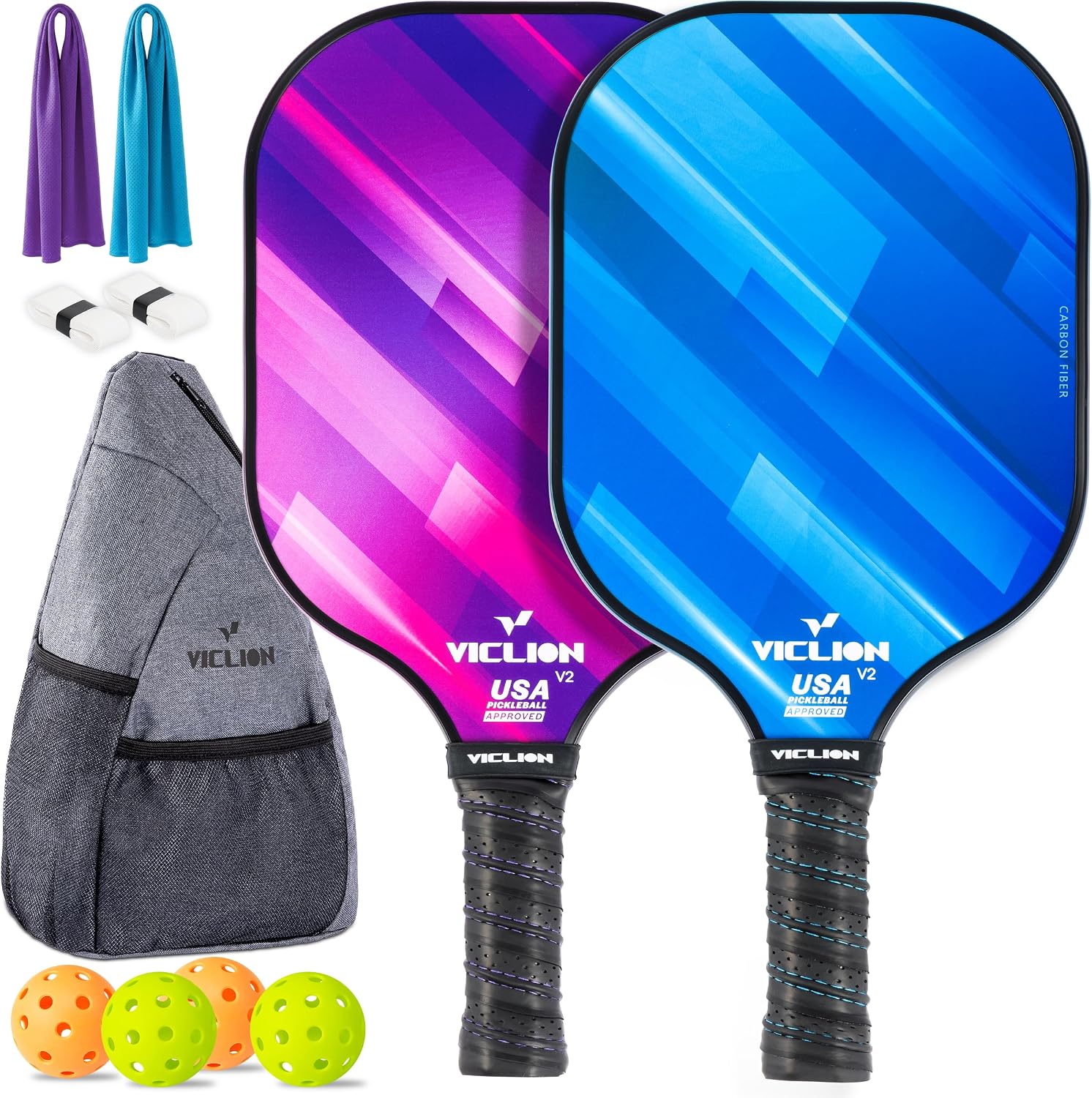 Two VICLION carbon fibre pickleball paddles with balls and carry bag