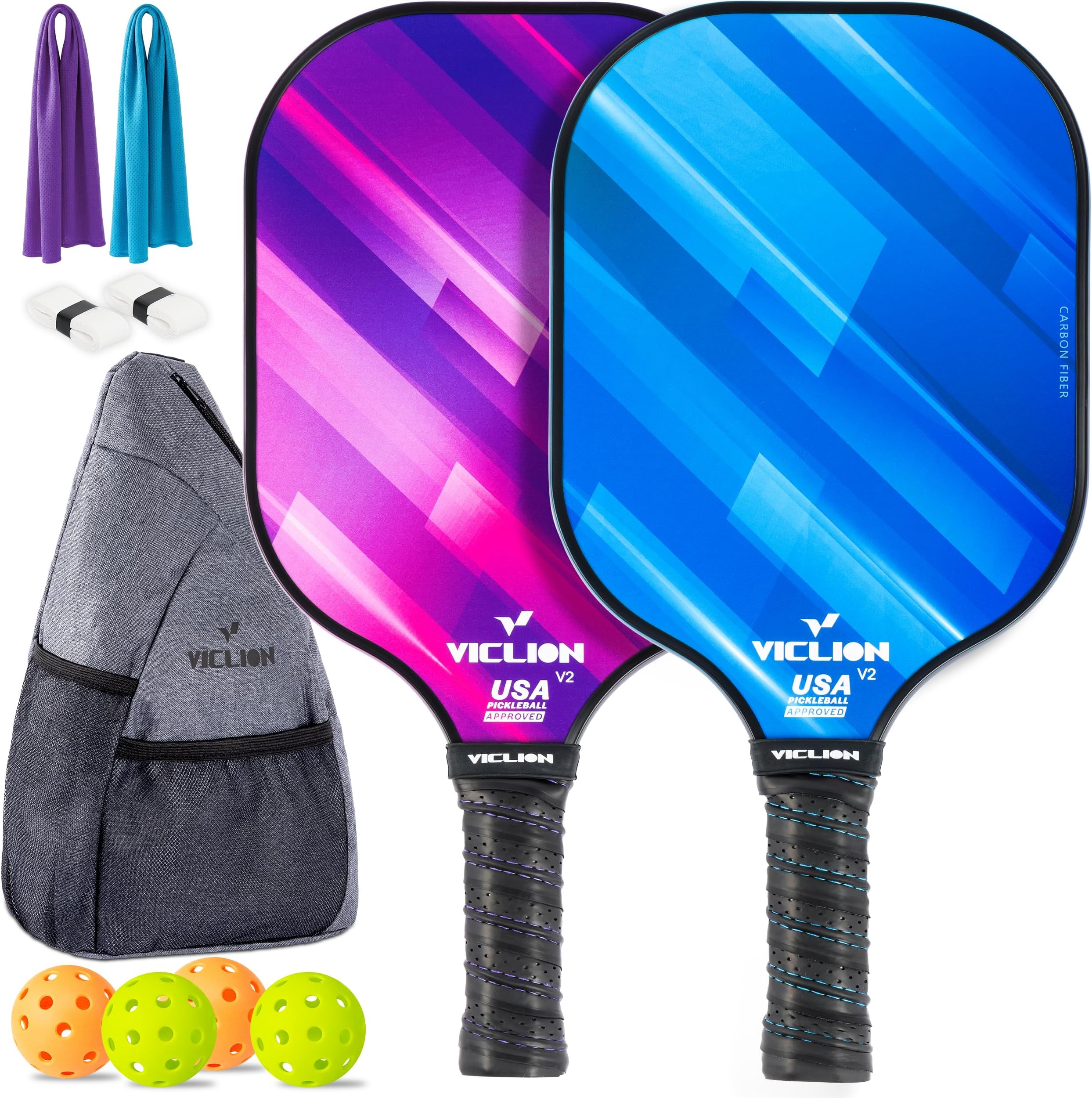 Pickleball Paddles, USAPA Approved Carbon Fiber Pickleball Paddles Set of 2 Includes 4 Pickleballs & 1 Bag, Lightweight Pickle Ball Rackets 2 Pack for Beginners