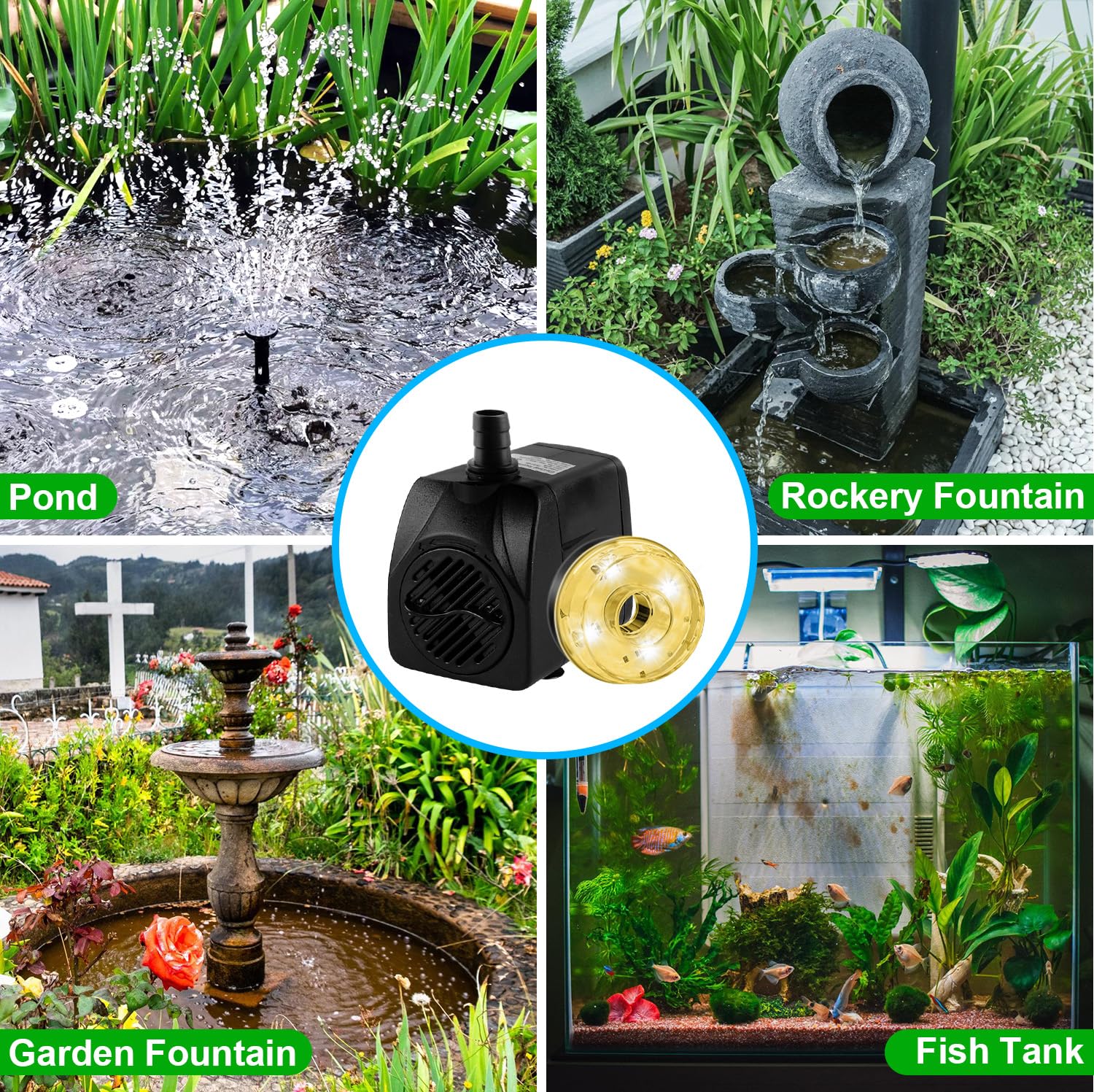 NATPOW Mini Bomba de Agua Sumergible con Luz LED 3000K, 15W 800L/H Bomba de Acuario con 3 Buses Boquillas, Cable 3M, Ultra Silenciosa Bomba para Acuario Fuente Estanque Estatuas