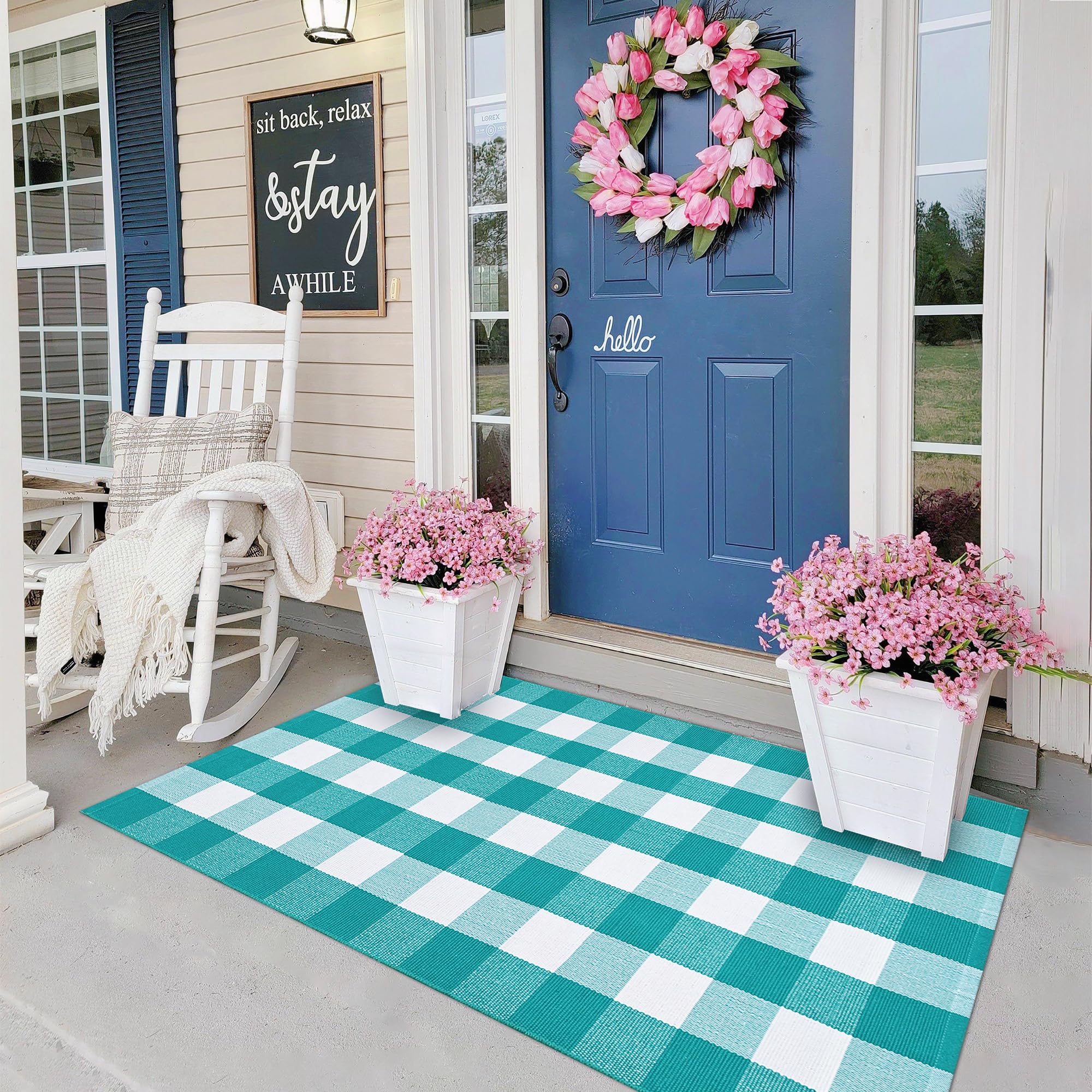 Ckorzen Green and White Plaid Rug, 3' x 5' Spring Outdoor Front Porch Door Decor Mat, Washable Cotton Woven Farmhouse Area Rug for Layered Door Mats Carpet, Entryway, Easter Décor