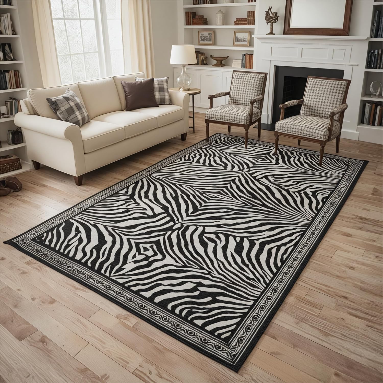 5x7 Area Rug for Living Room，Modern Abstract Black and White Zebra Print Rug, Non-Slip Washable Terrace,Indoor/Outdoor