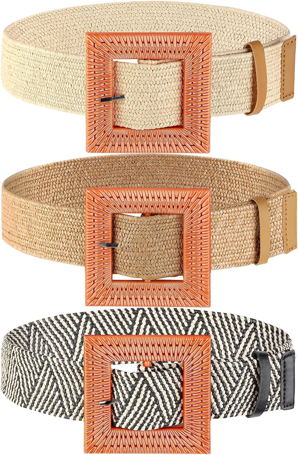 WILLBOND 3 Pcs Women Straw Stretch Belt Elastic Rattan Belts Straw Boho Raffia Belts for Ladies Woven Waist Belt for Dresses