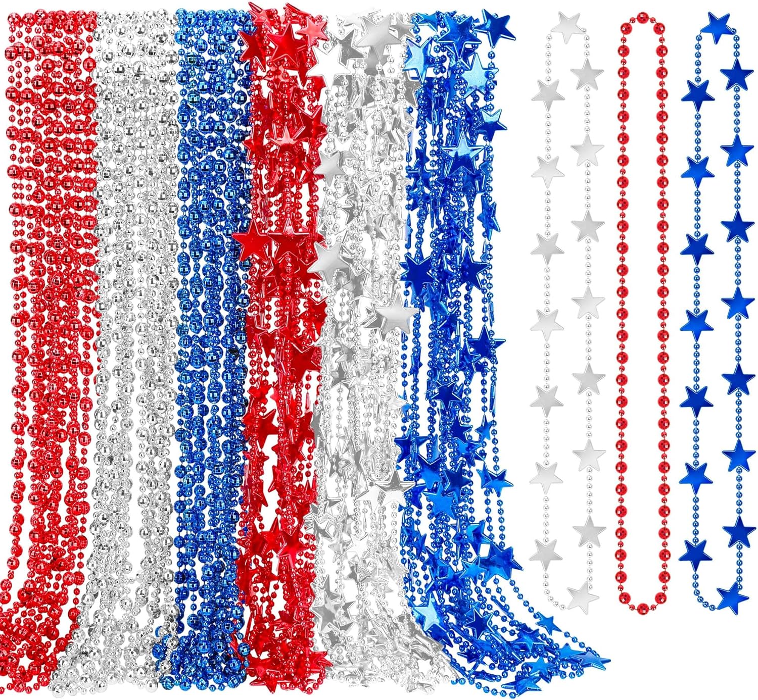 EOBOH Independence Day Necklace Accessories, 48PCS 4th of July Beads Necklaces Bulk, 6 Kinds Fourth of July Red Blue White Stars Round Bead Necklace, Patriotic Bulk for Parade Party Favors Decor